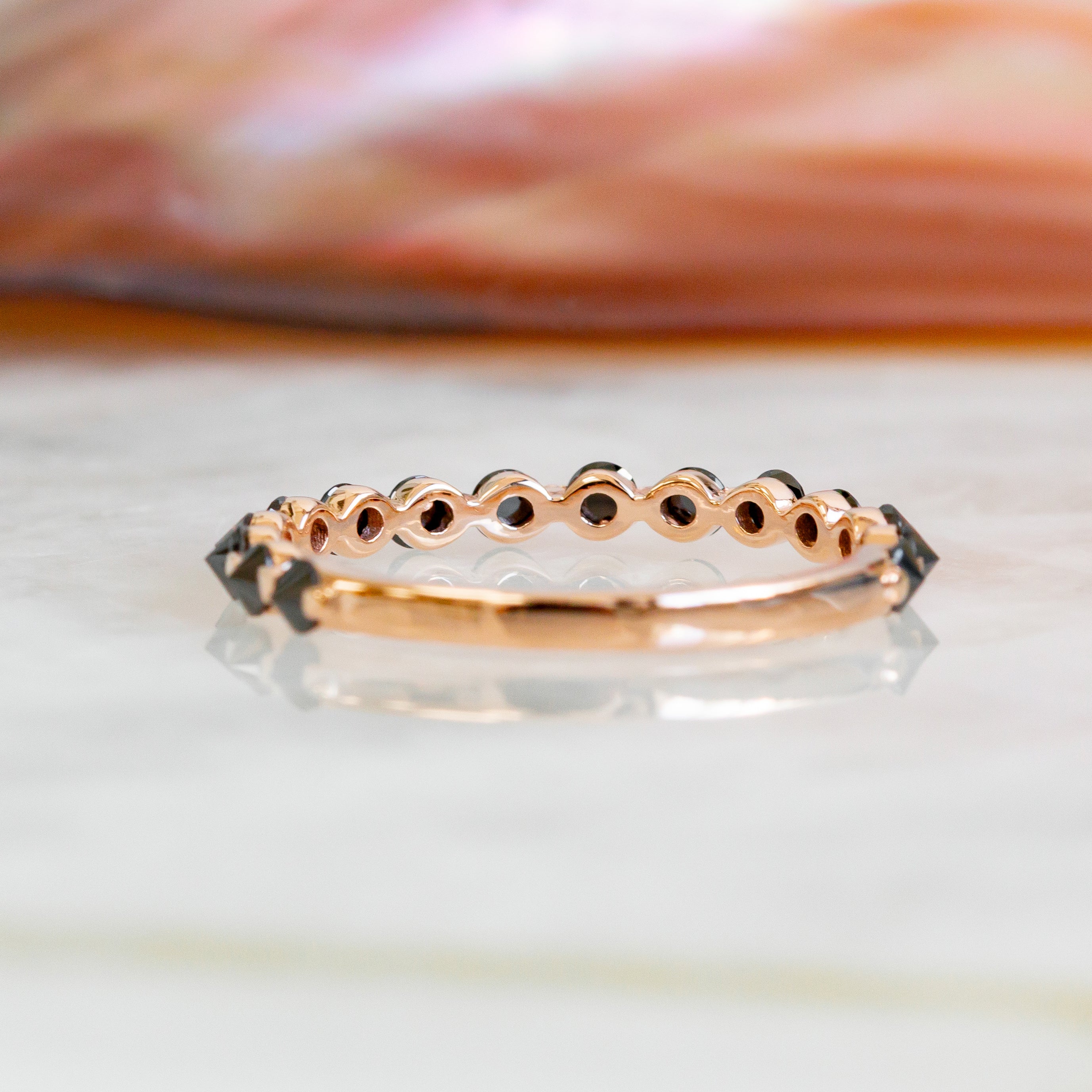Unique Wedding Ring with Round Cut Natural Black Diamonds in Rose Gold