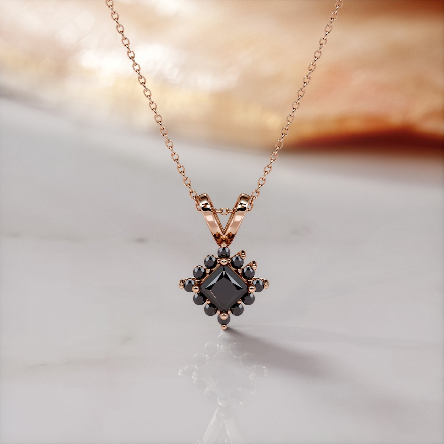 Halo Natural Black Diamond Princess Pendant with Necklace