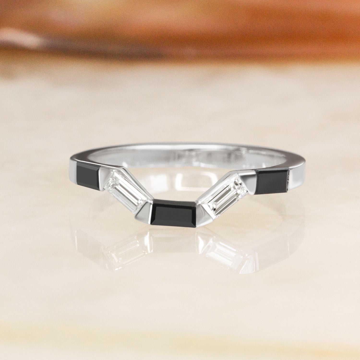 White Light - Trapezed  Natural Black Diamond Ring Set With Baguette Cut Diamonds