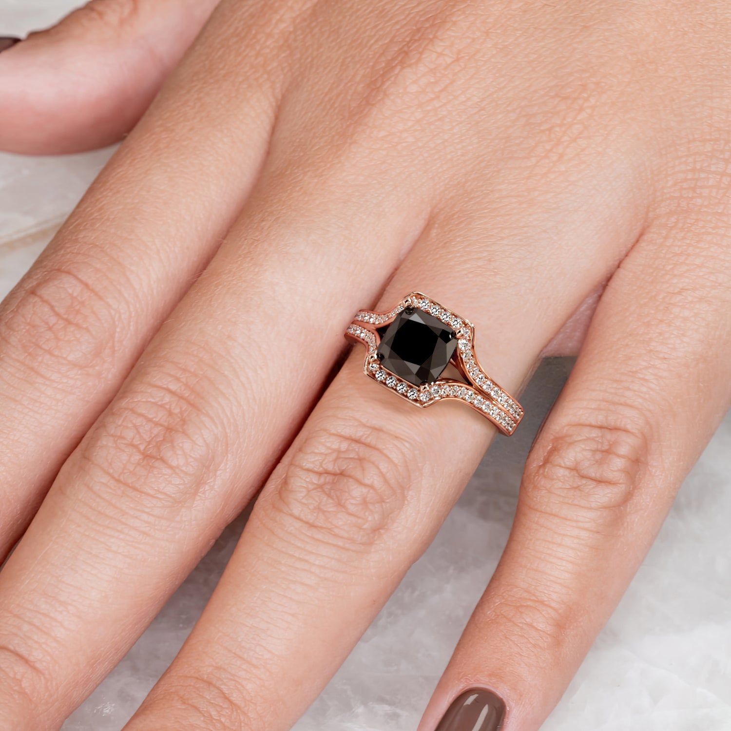 Deco  Natural Black Diamond Cushion Engagement Ring