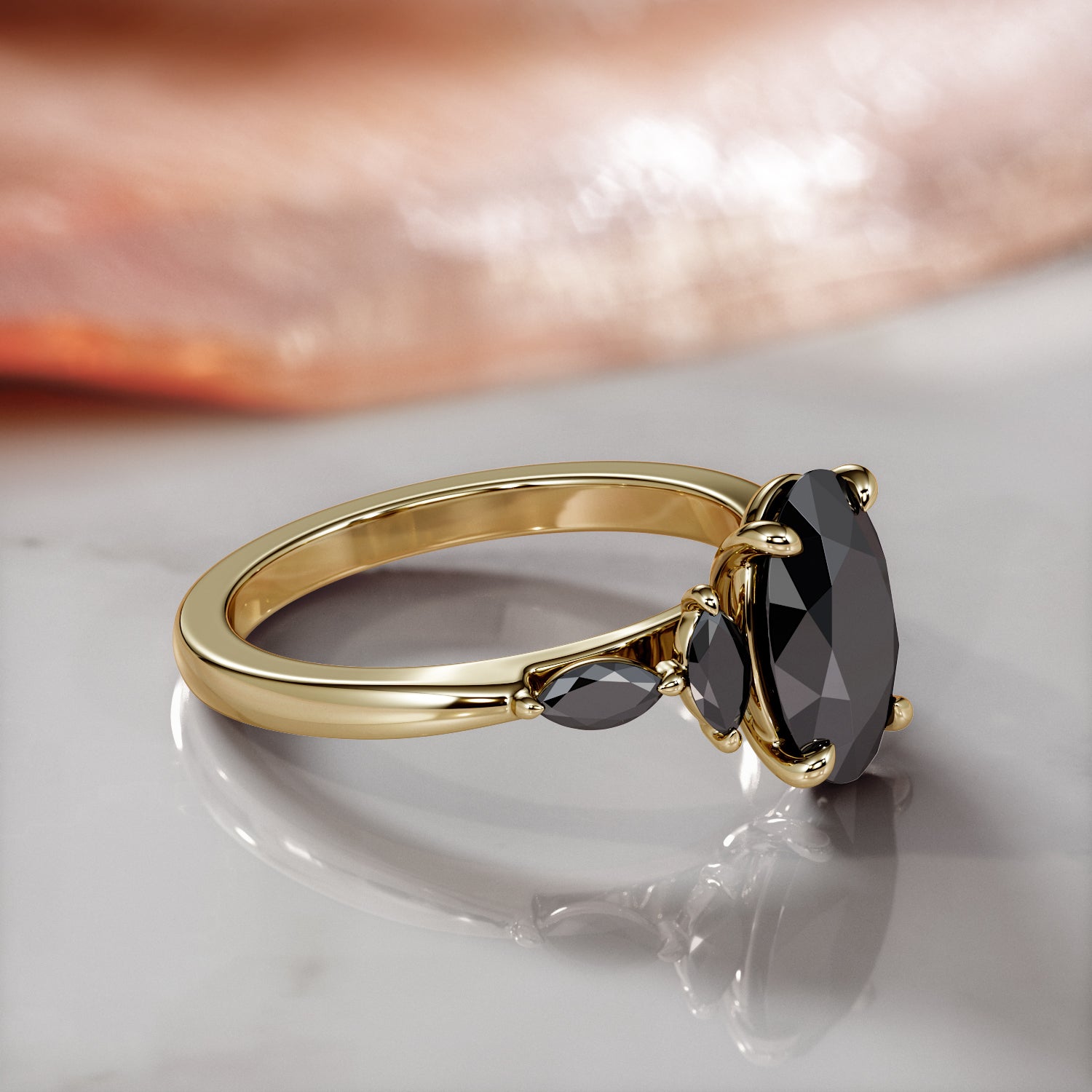 Art Deco Natural Black Diamond Oval Engagement Ring