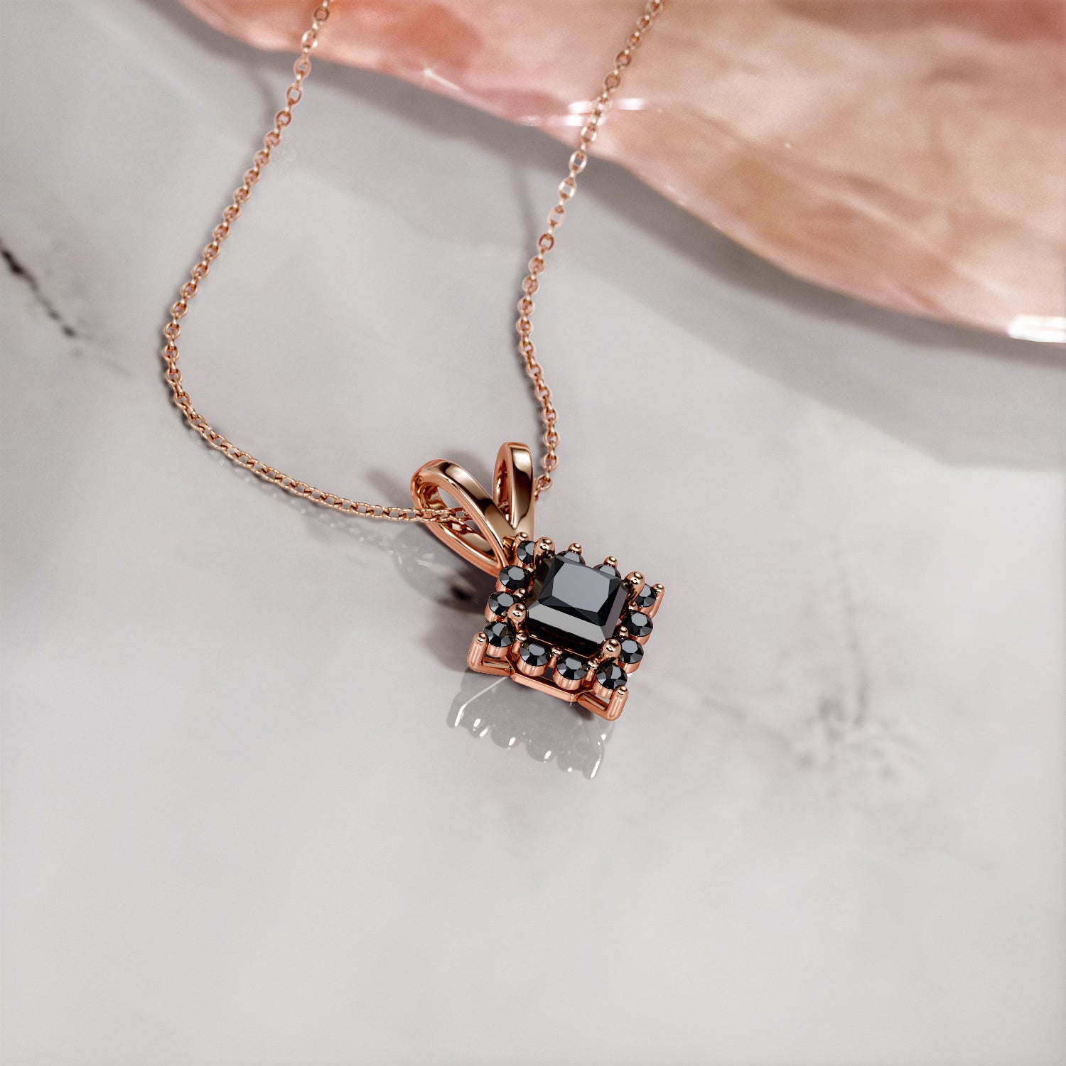 Halo Natural Black Diamond Princess Pendant with Necklace