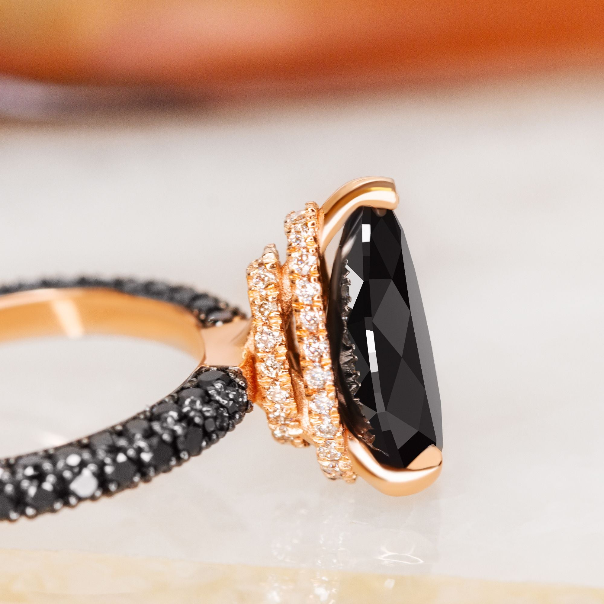 Three Sided Band Black & White Natural Diamond Pear Cut Engagement Ring