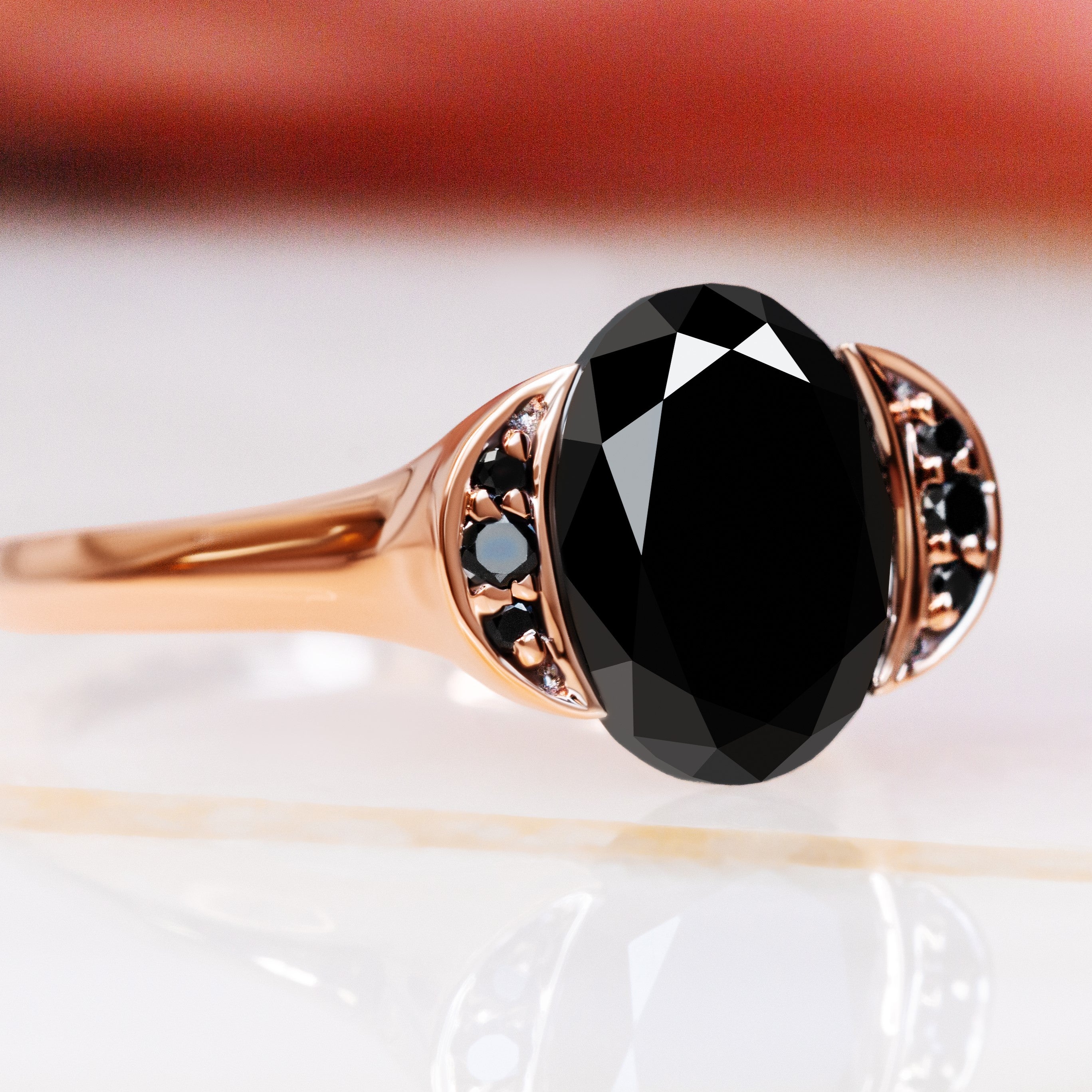 Crescent Natural Black Diamond Oval Engagement Ring