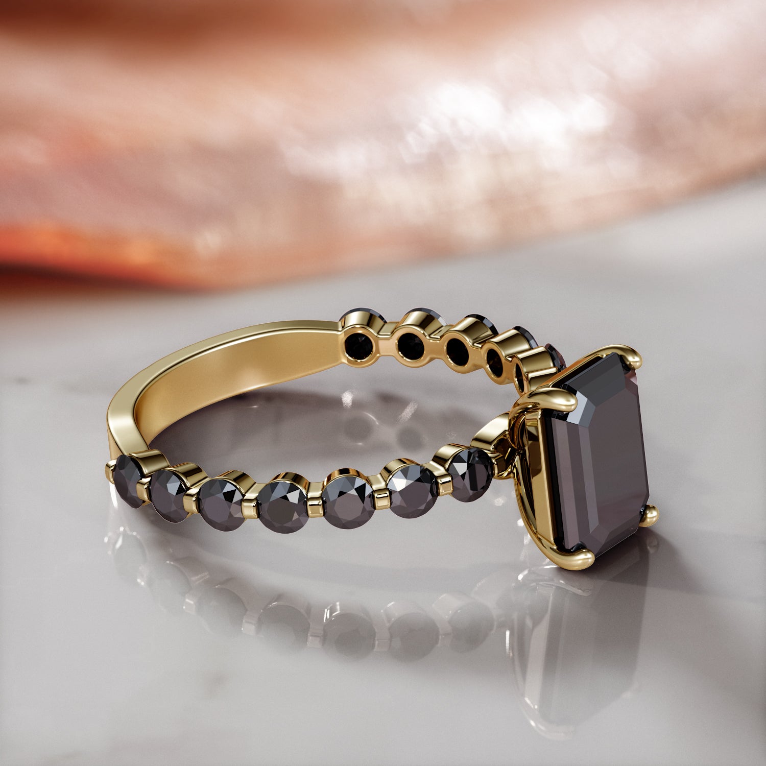 Art-Deco Natural Black Diamond Emerald Engagement Ring