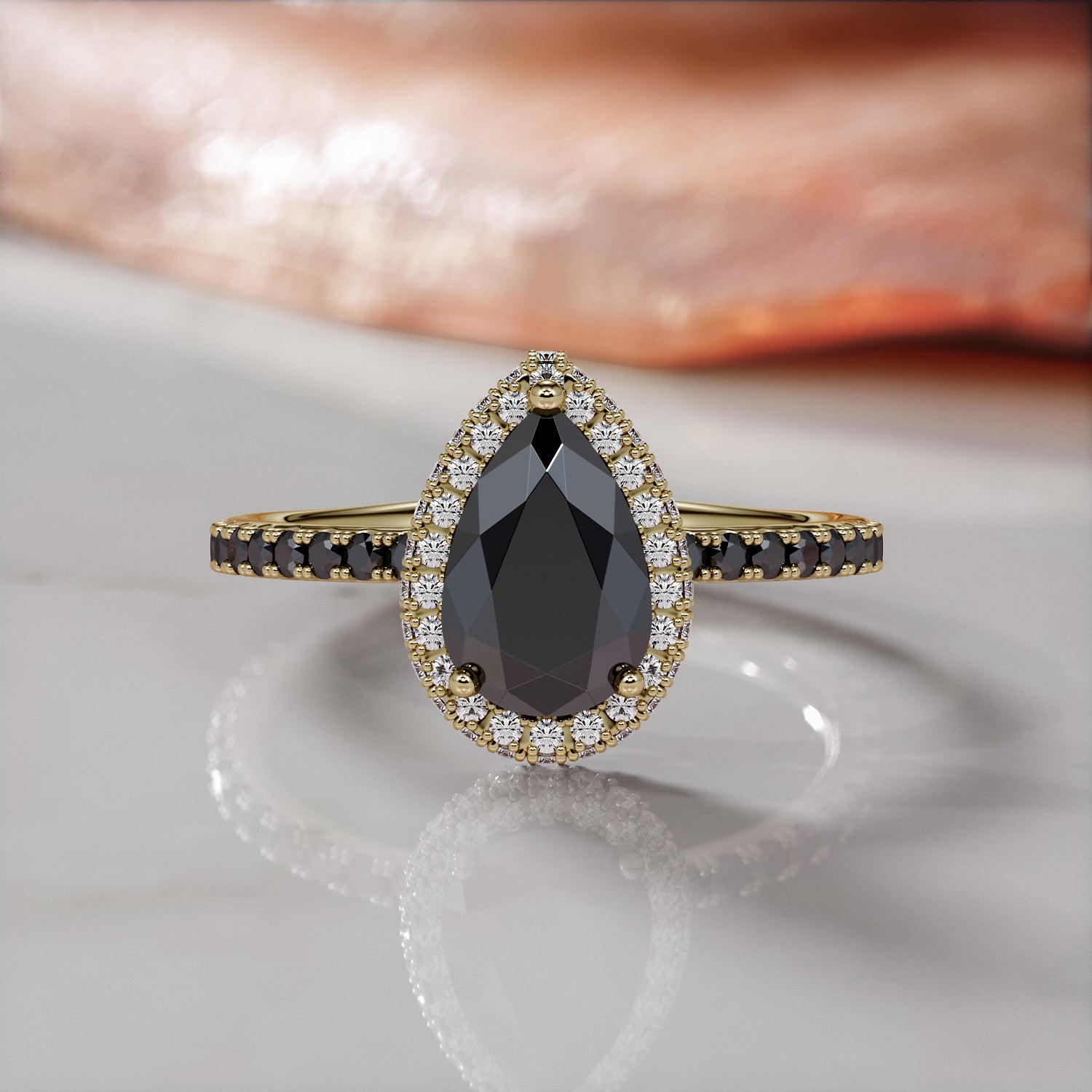 Double Halo  Natural Black Diamond Pear Engagement Ring