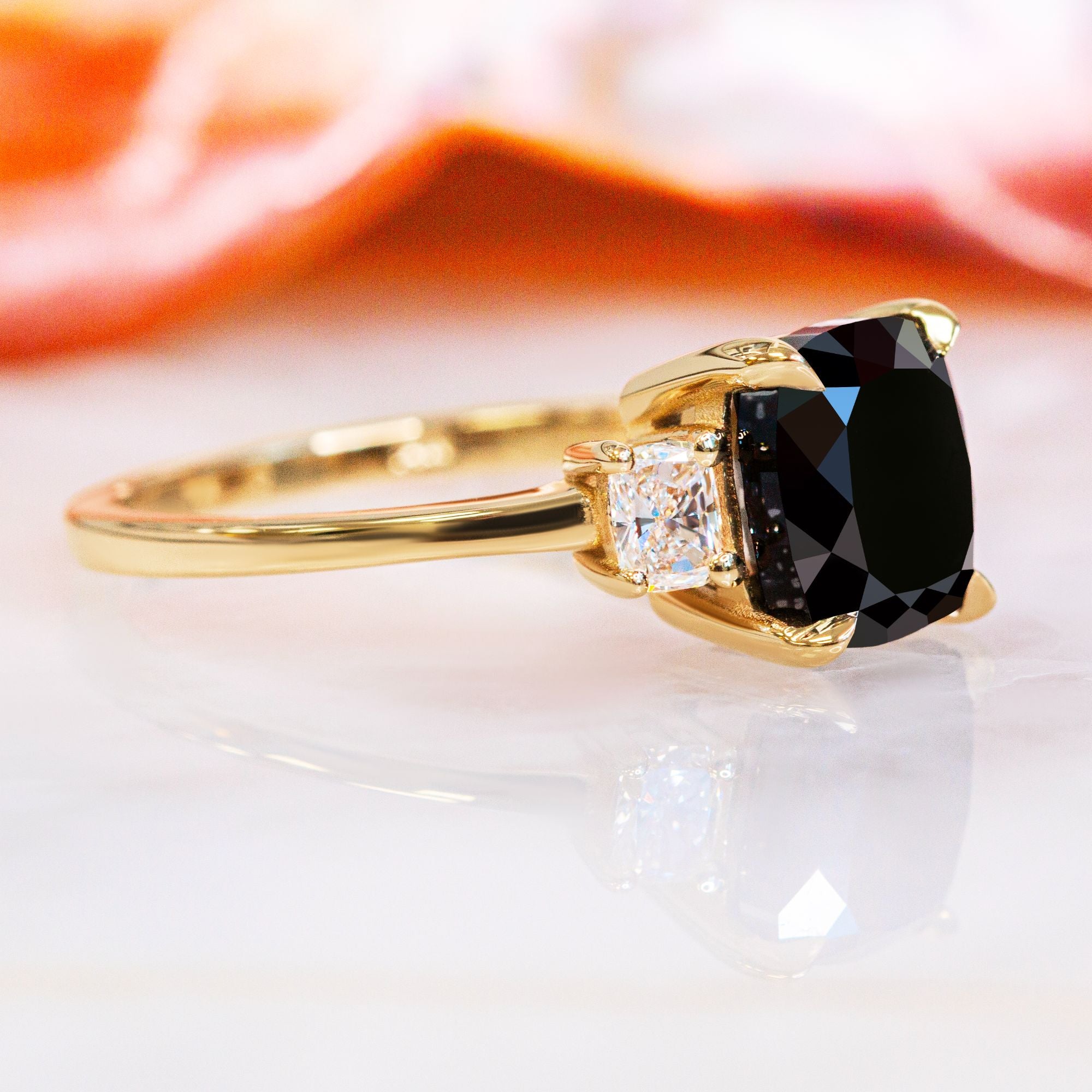 Three Stone  Natural Black Diamond Cushion Engagement Ring  in Yellow Gold