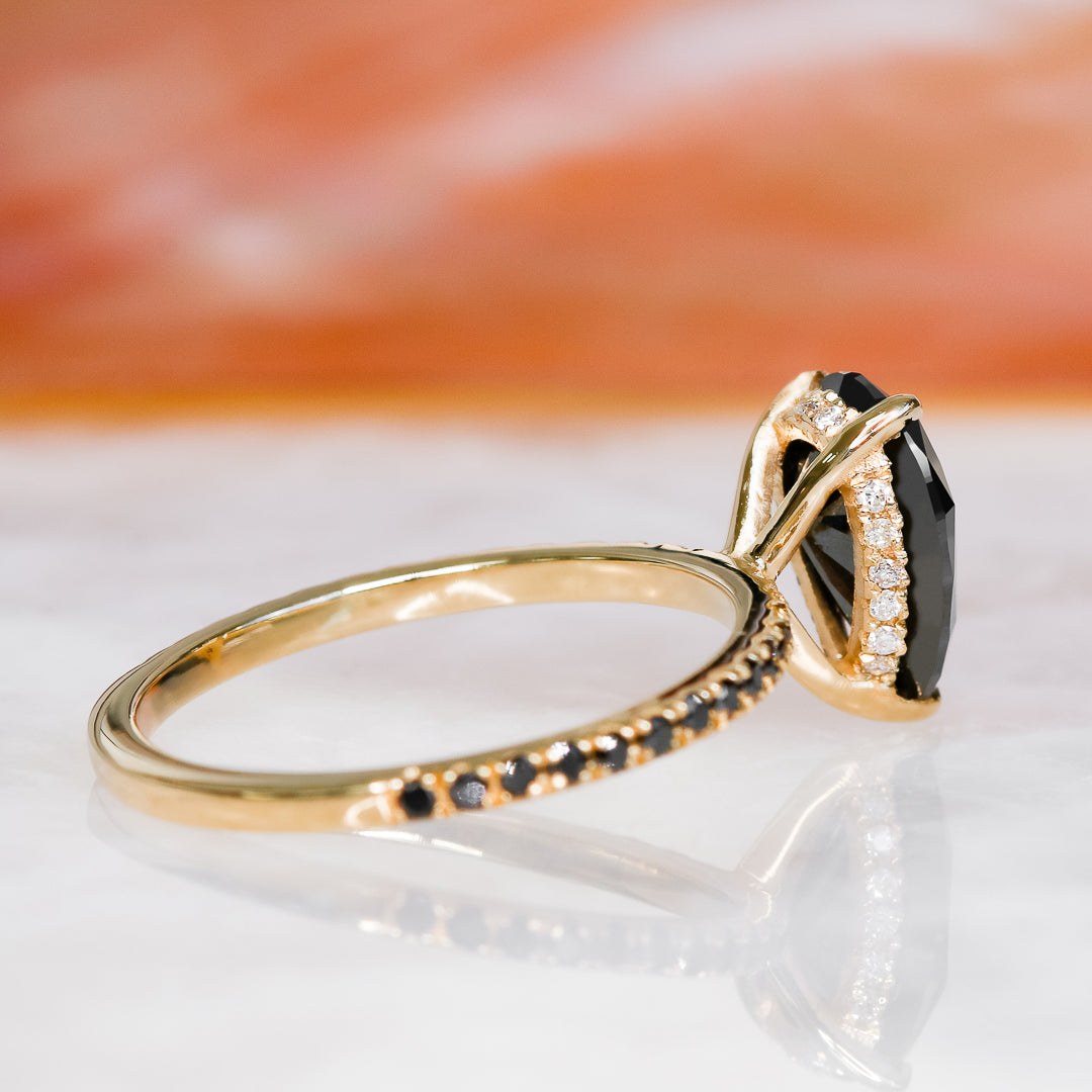 Unique  Natural Black Diamond Pear Engagement Ring