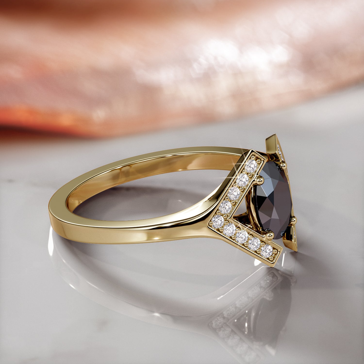 Geometric Natural Black Diamond Oval Engagement Ring