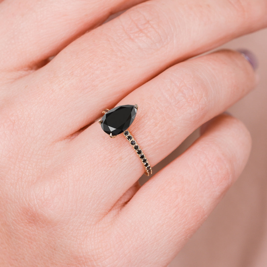 Unique  Natural Black Diamond Pear Engagement Ring