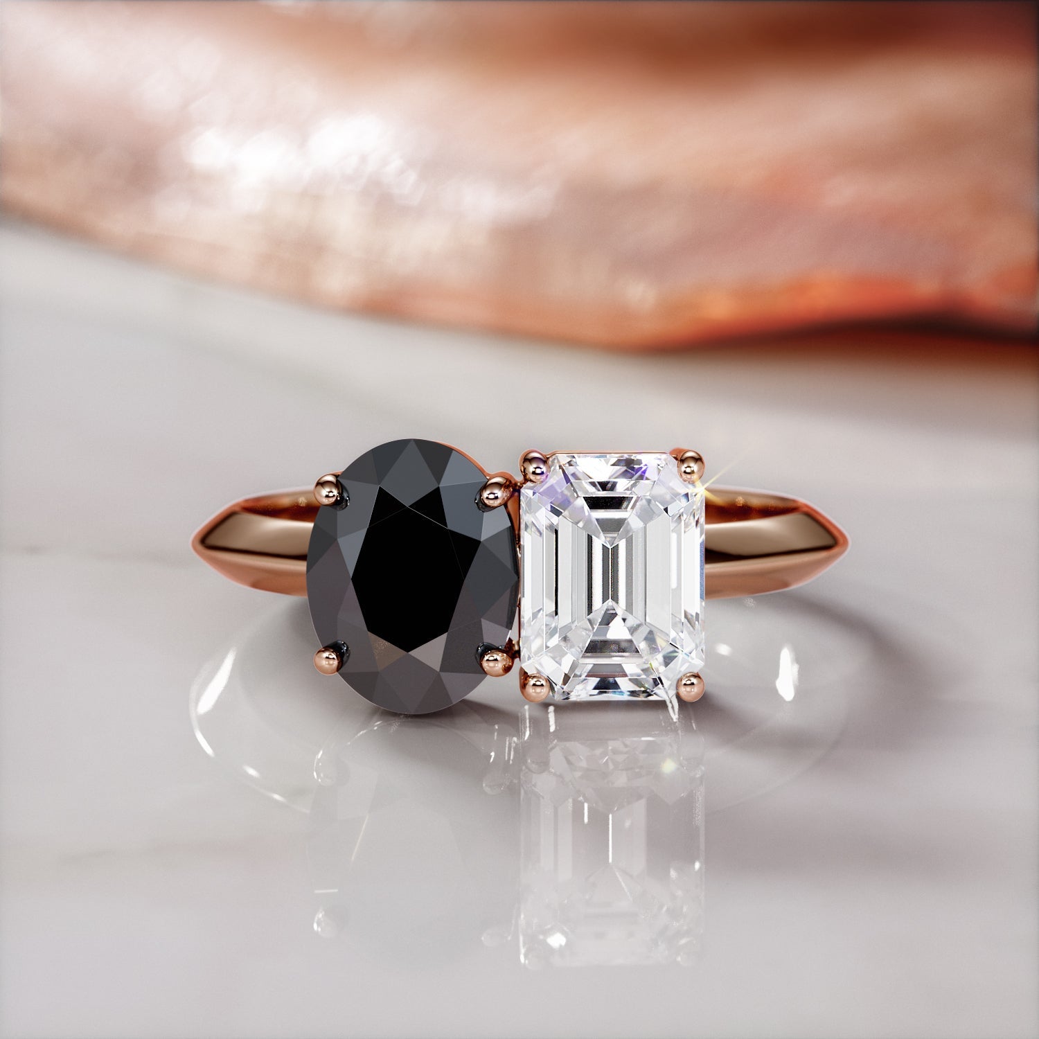 Two Stone  Natural Black Diamond Oval Engagement Ring  in Rose Gold