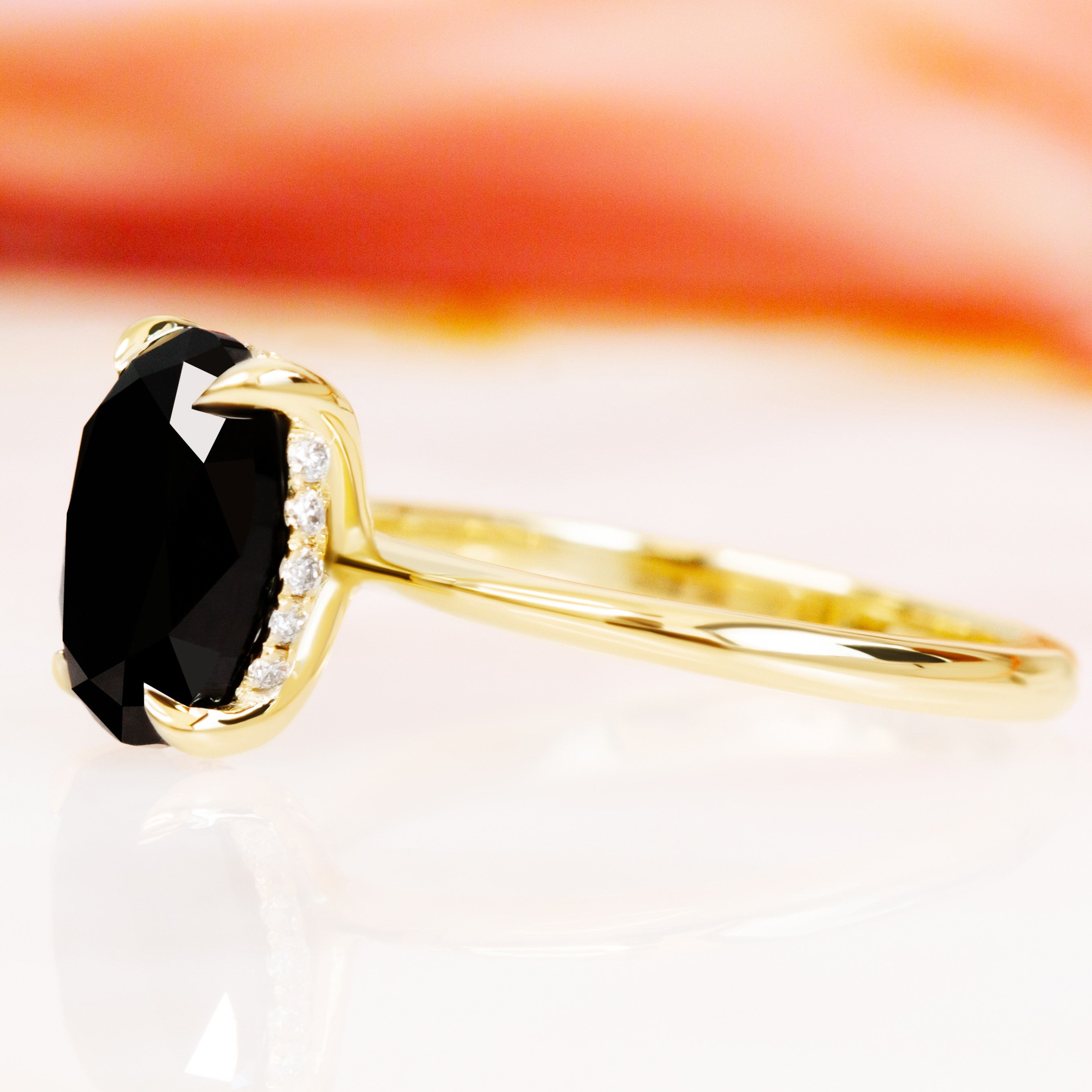 Solitaire Natural Black Diamond Oval Engagement Ring in Yellow Gold