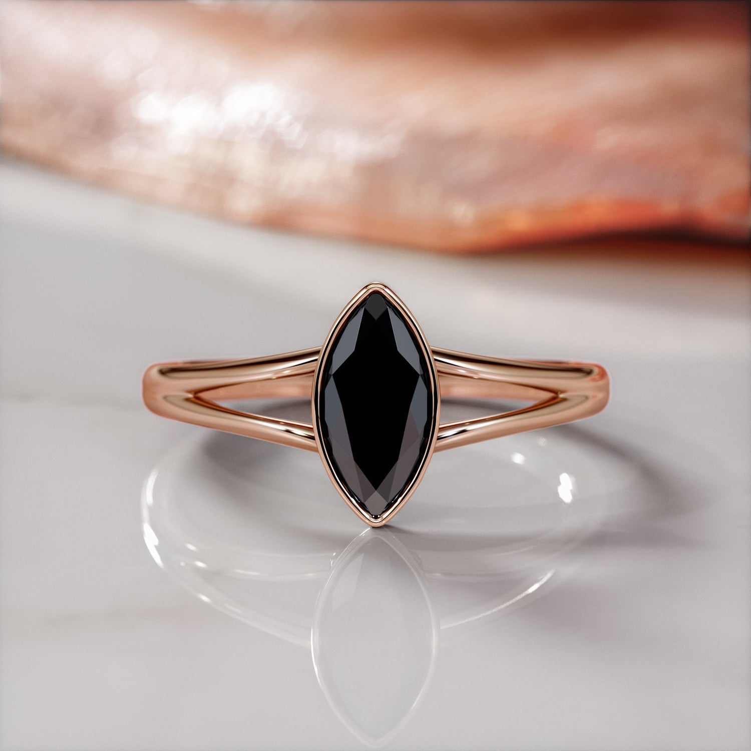 Bezel  Natural Black Diamond Marquis Engagement Ring  in 14K Gold