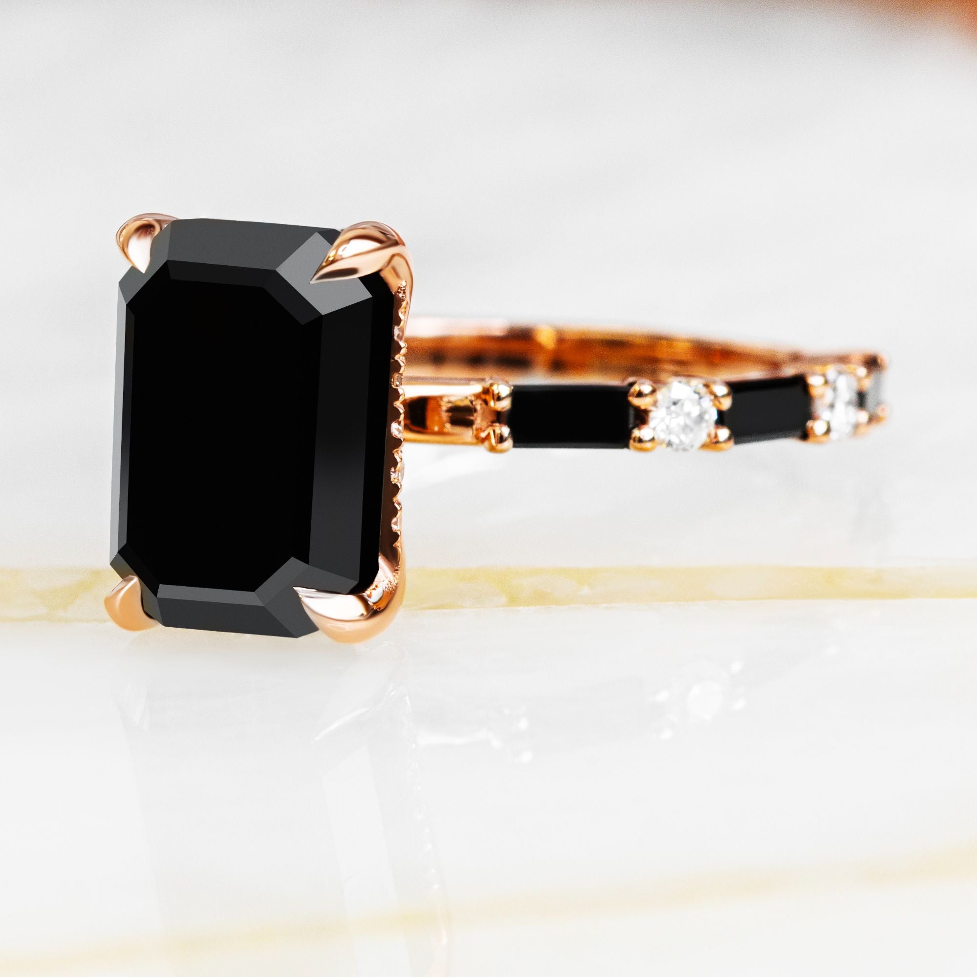 Art Deco Natural Black Diamond Emerald Cut Engagement Ring