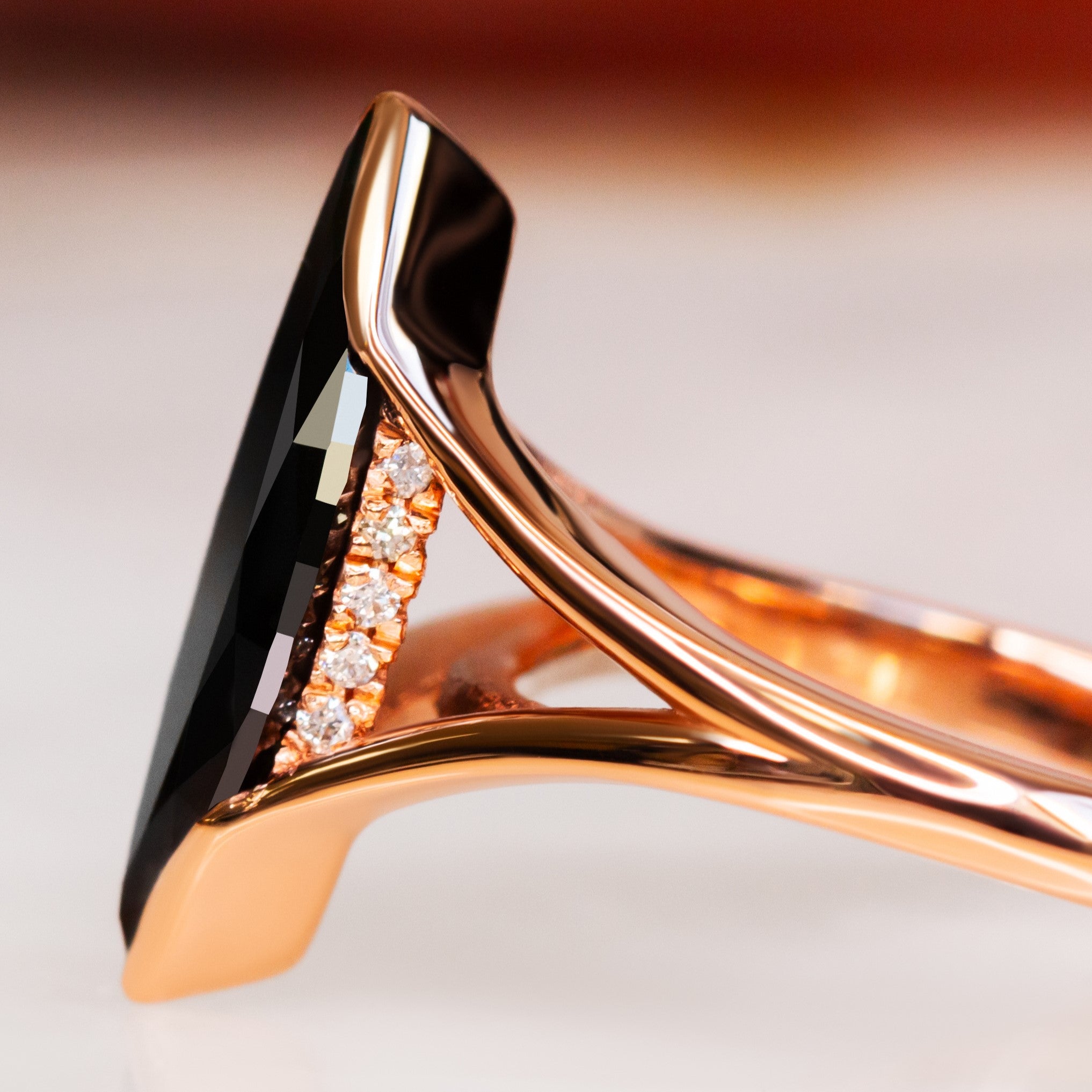Art Deco  Natural Black Diamond Marquise Engagement Ring in Rose  Gold