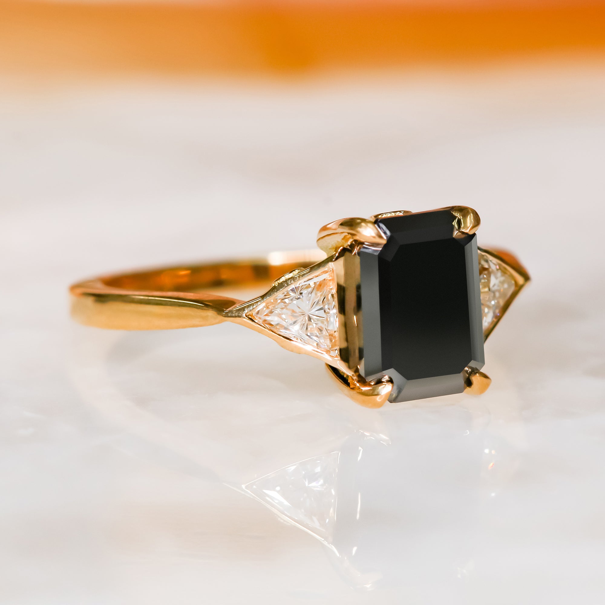 Three Stone Natural Black Diamond Emerald Cut & Triangle Engagement Ring in 14K Gold
