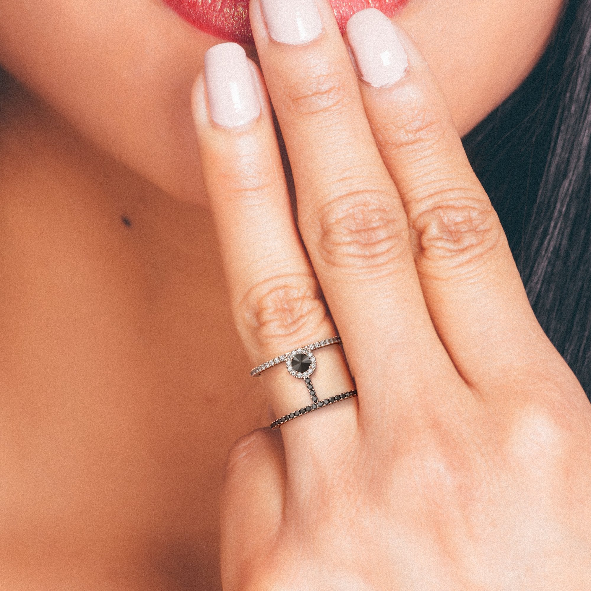 Unique  Natural Black & White Round Diamond Ring in Rose Gold