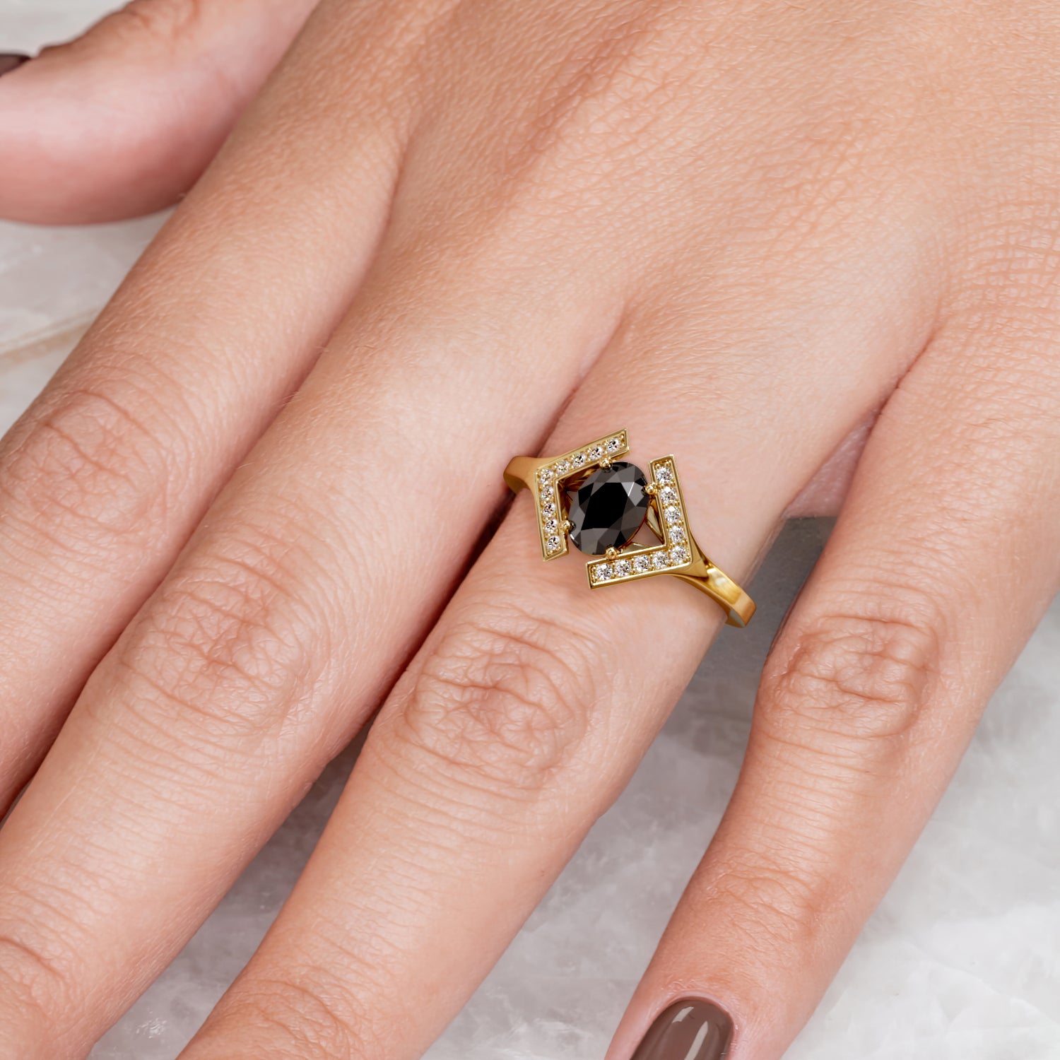 Geometric Natural Black Diamond Oval Engagement Ring