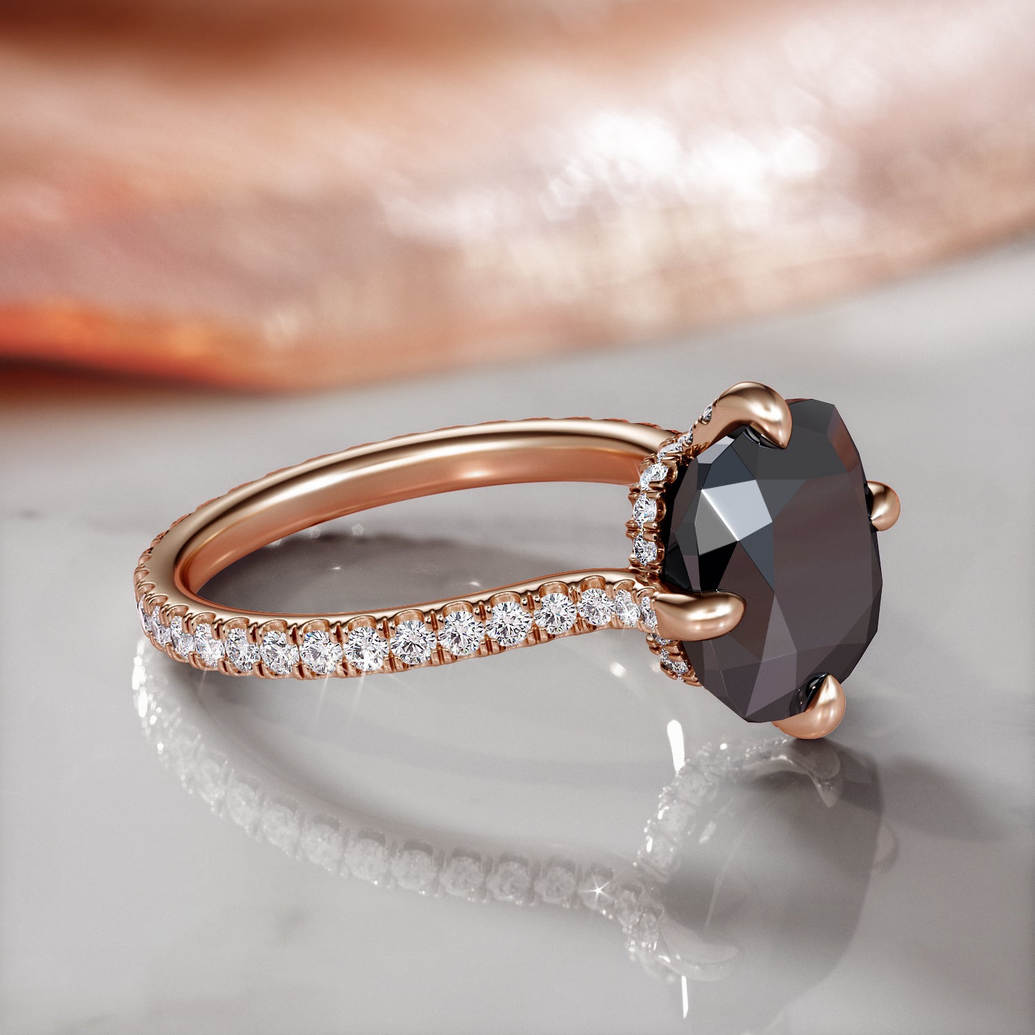 Compass  Natural Black Diamond Cushion Engagement Ring