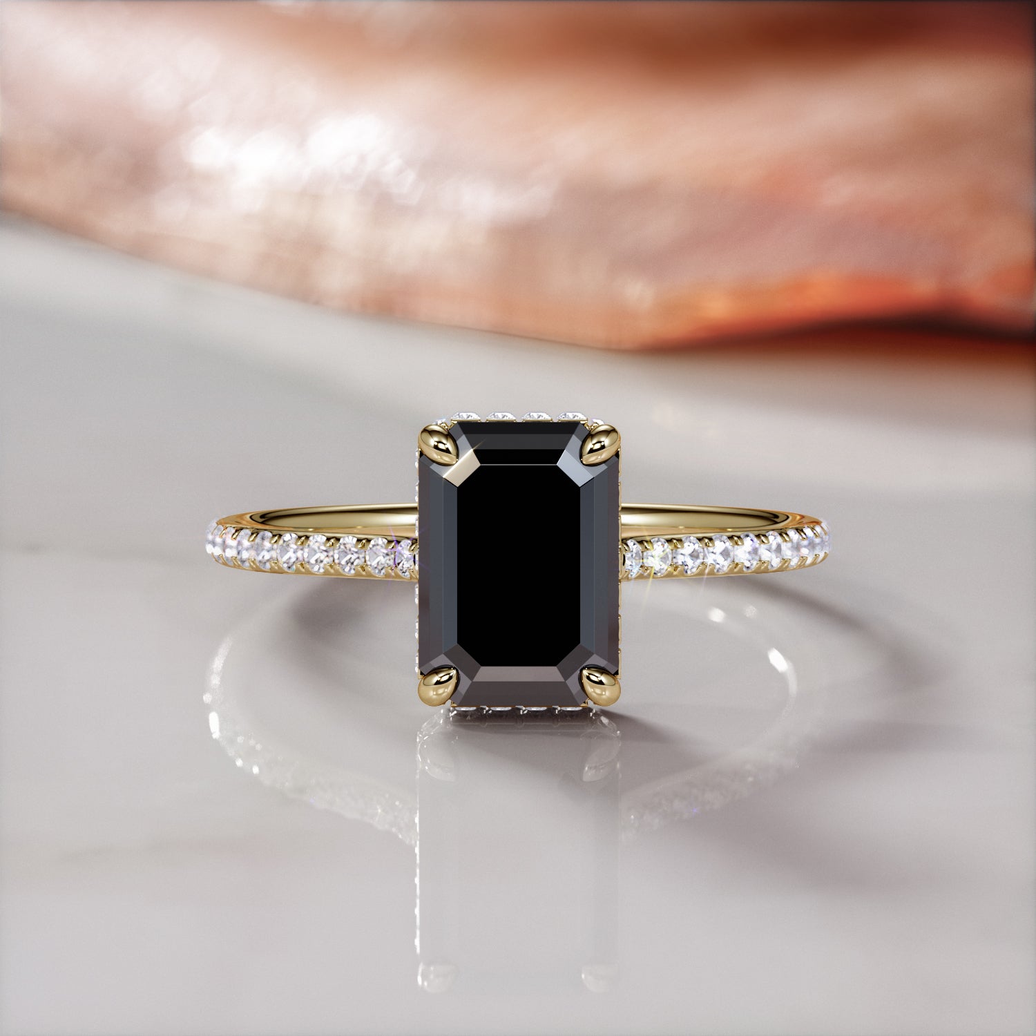Art Deco  Natural Black Diamond Emerald Cut Engagement Ring
