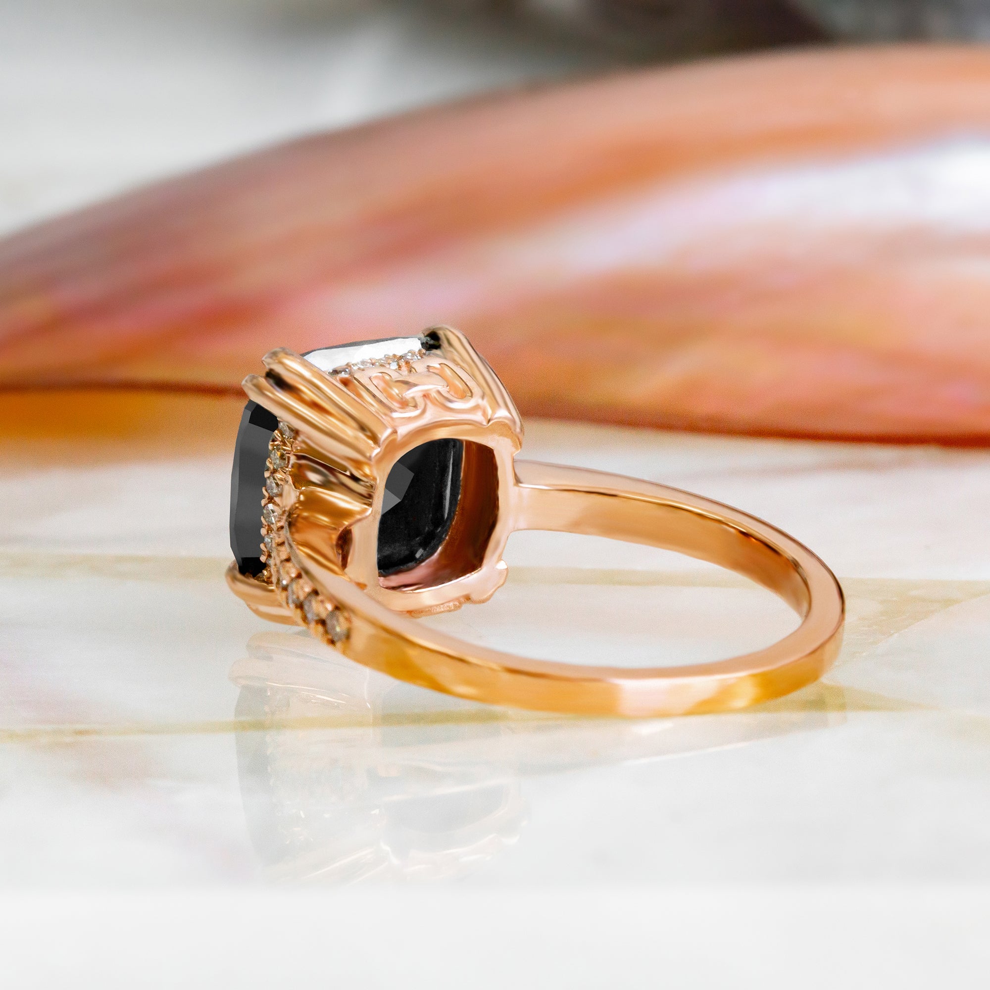 Art Deco  Natural Black Diamond Cushion Engagement Ring