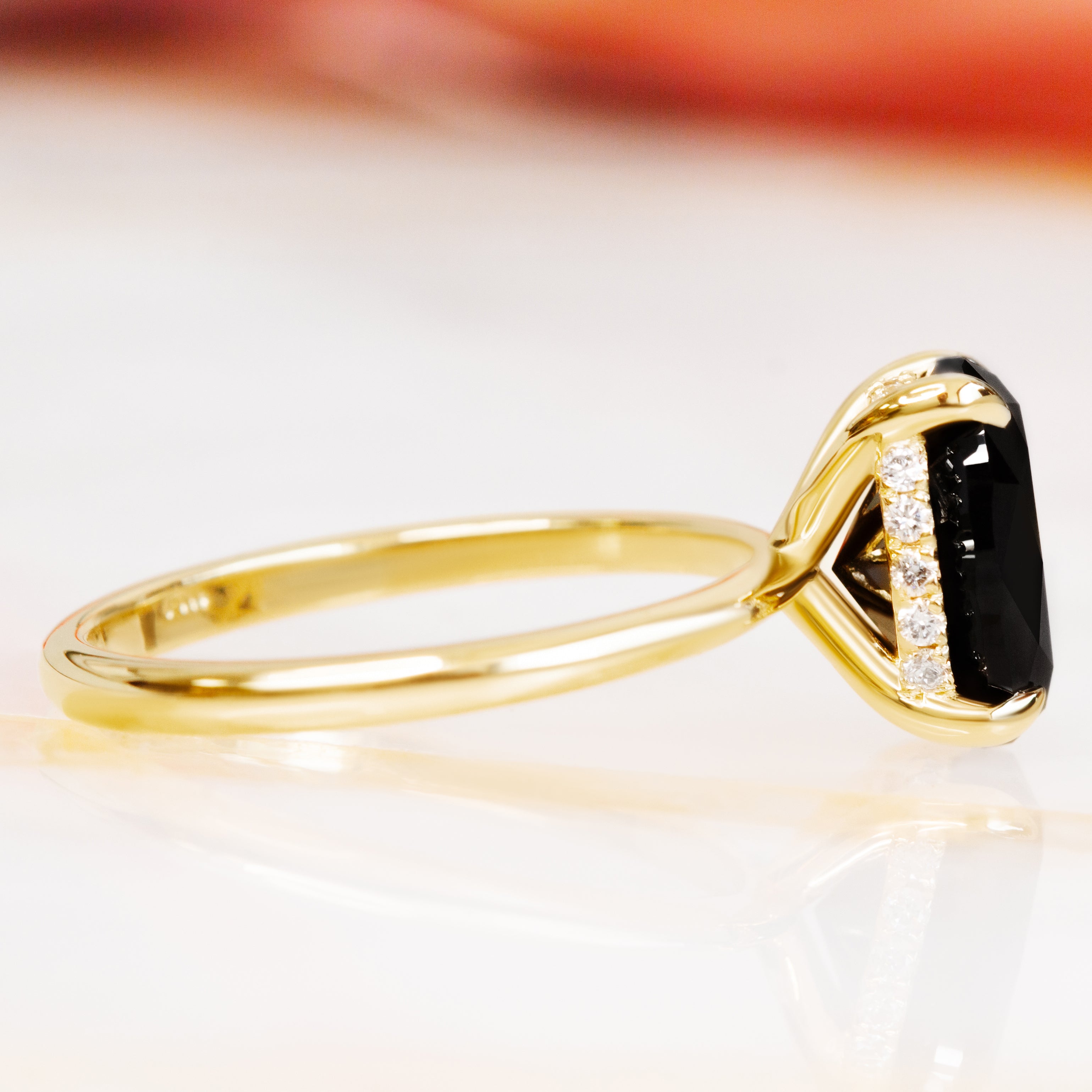 Solitaire Natural Black Diamond Oval Engagement Ring in Yellow Gold