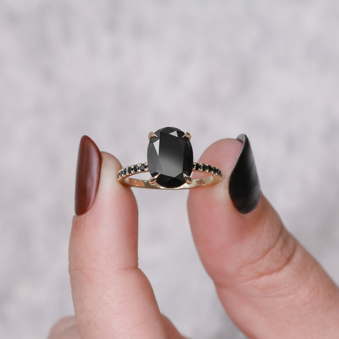 Alma Oscura - Black & White Natural Black Diamond Oval Cut Engagement Ring