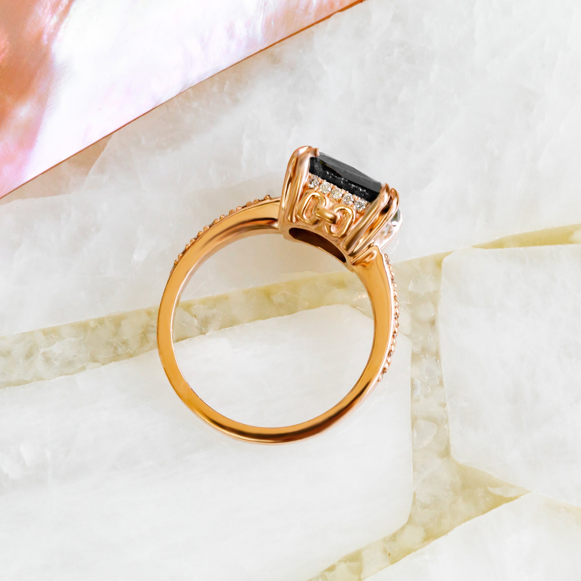 Art Deco  Natural Black Diamond Cushion Engagement Ring