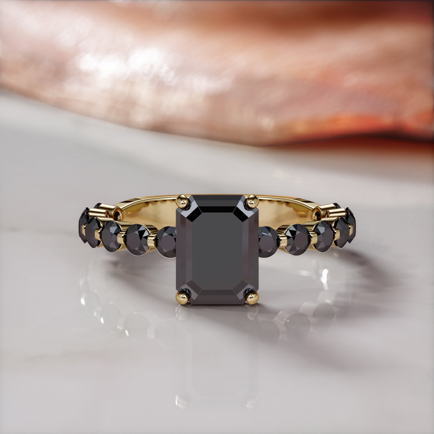 Art-Deco Natural Black Diamond Emerald Engagement Ring
