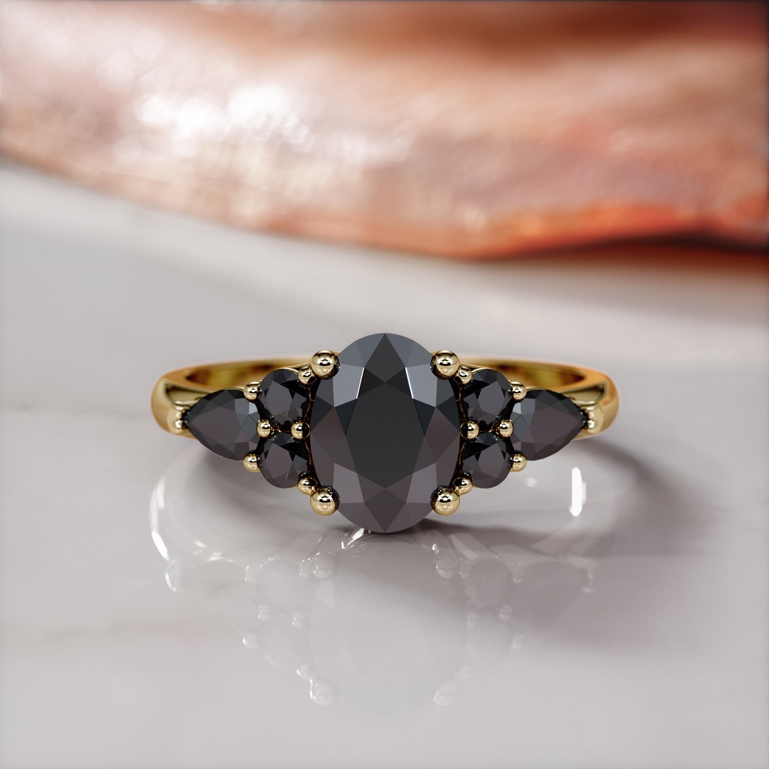 Art Deco  Natural Black Diamond Oval Engagement Ring  in Yellow Gold
