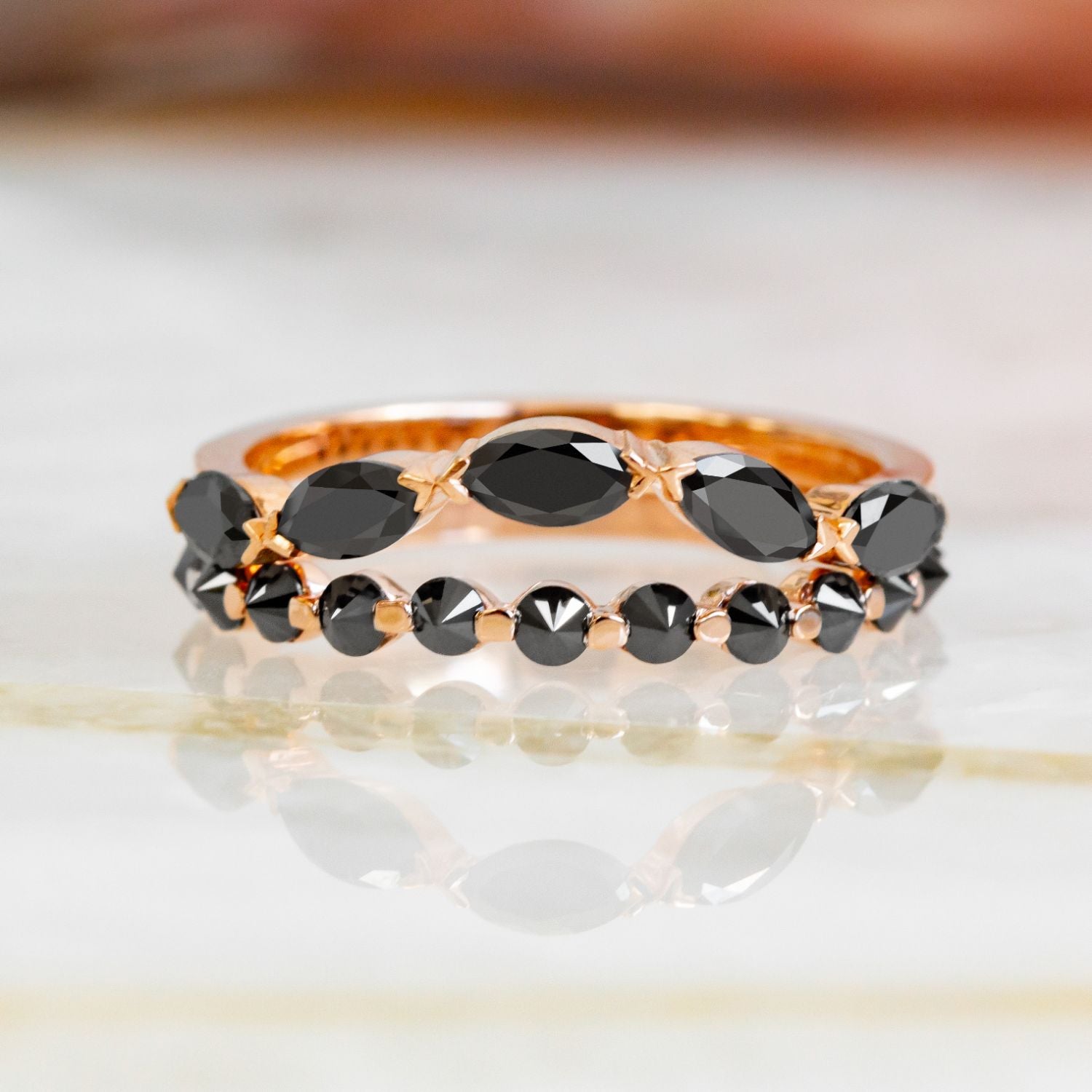 Unique Wedding Ring with Round Cut Natural Black Diamonds in Rose Gold