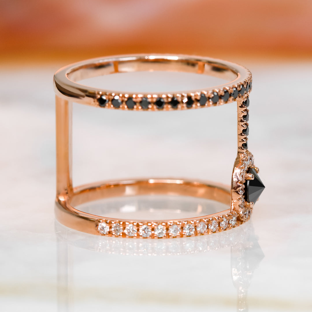 Unique  Natural Black & White Round Diamond Ring in Rose Gold