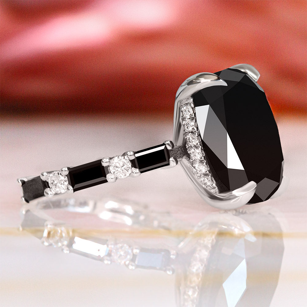 Art Deco  Natural Black Diamond Oval Engagement Ring