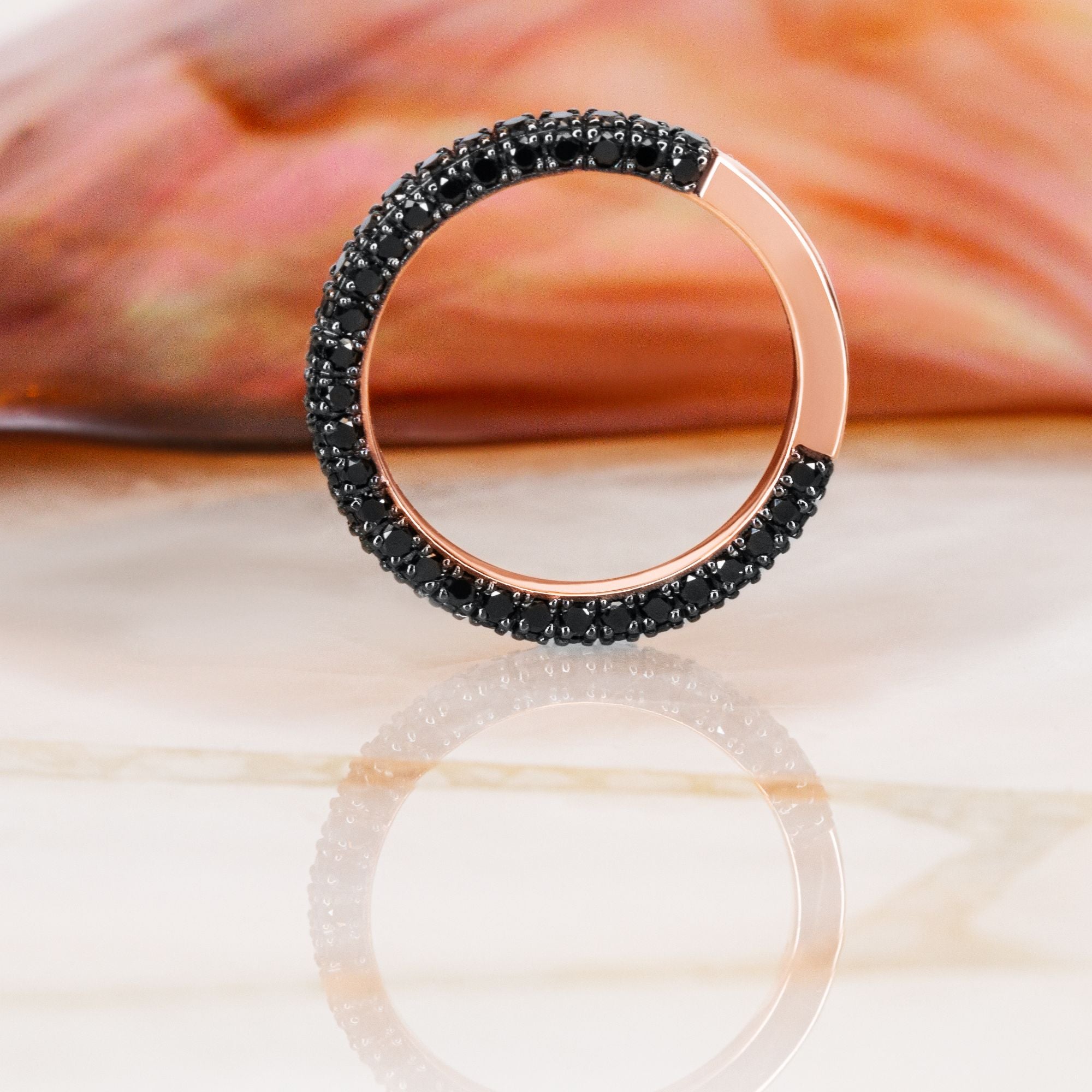 Pave Wedding Ring with Round Cut Natural Black Diamonds Rose Gold