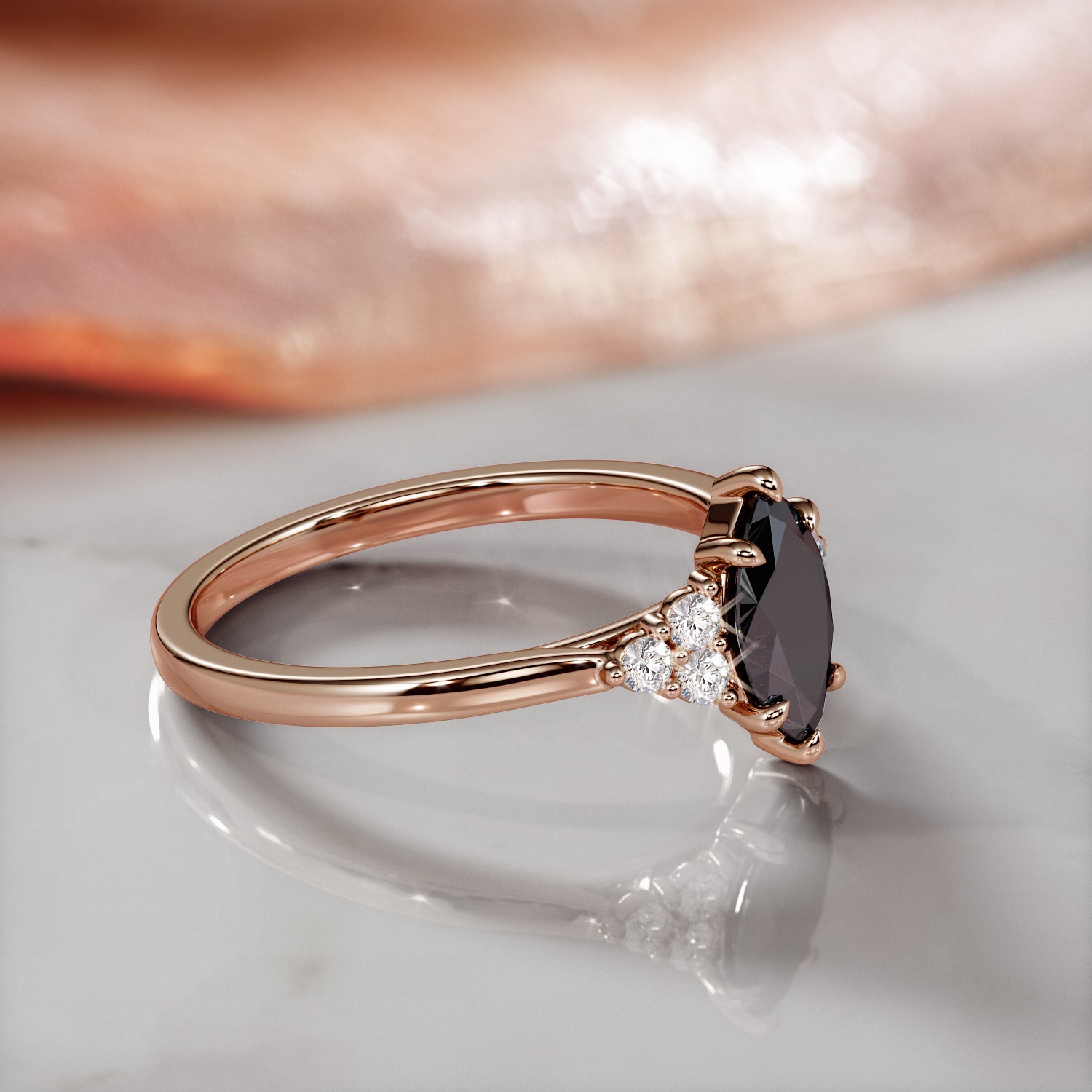 Art-Deco  Natural Black Diamond Marquise Engagement Ring