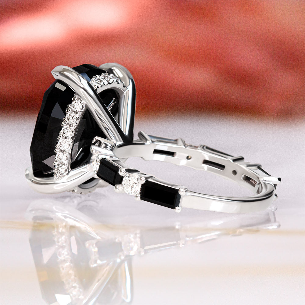 Art Deco  Natural Black Diamond Oval Engagement Ring