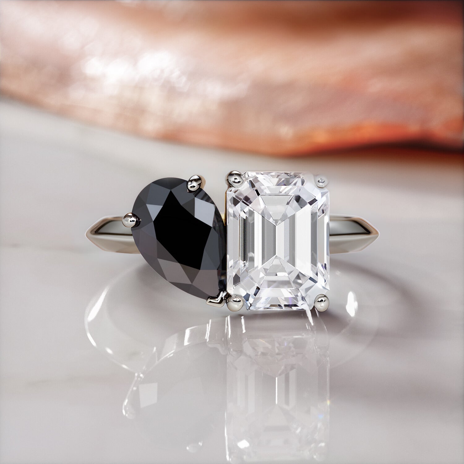 Sautern'S Moons - Two Stone Natural Black Diamond Pear Engagement Ring in Yellow Gold