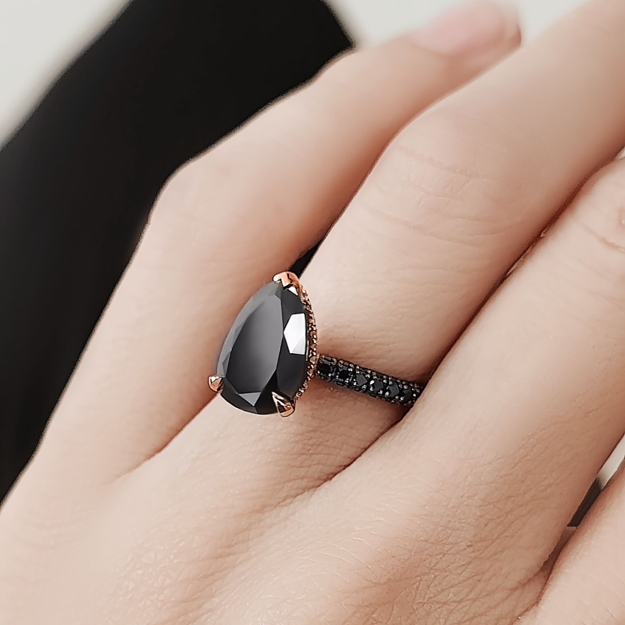 Three Sided Band Black & White Natural Diamond Pear Cut Engagement Ring