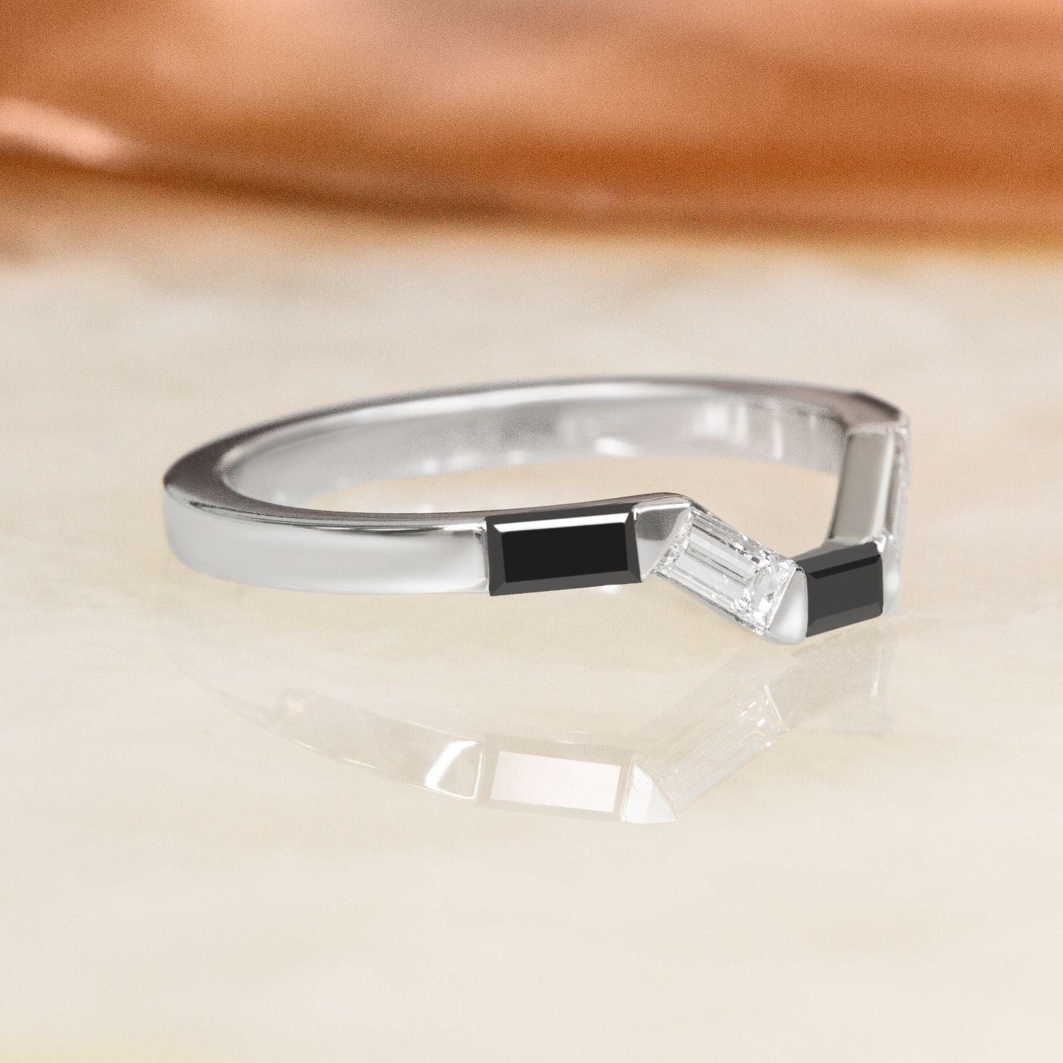 White Light - Trapezed  Natural Black Diamond Ring Set With Baguette Cut Diamonds