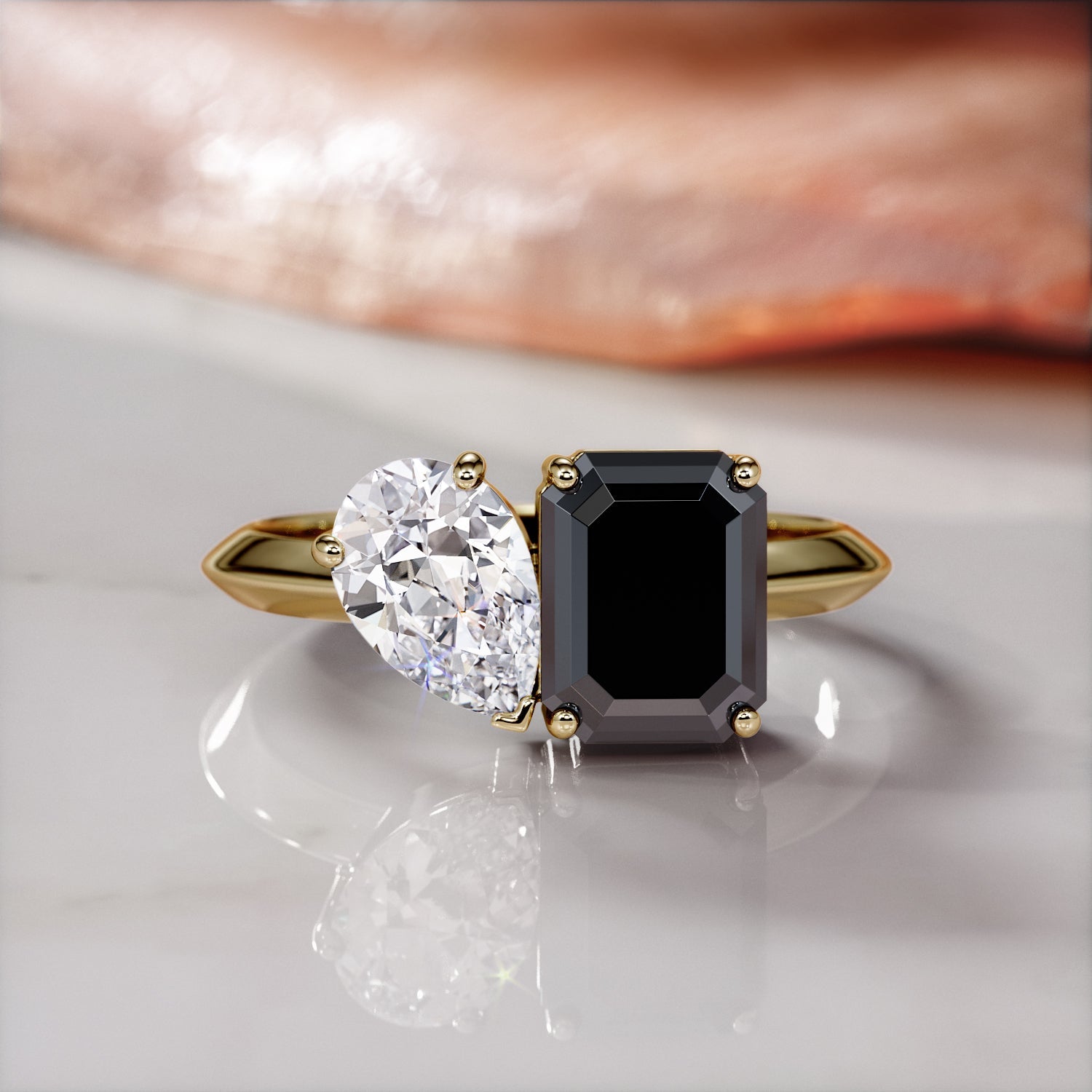 Neptune'S Moons -   Two Stone  Natural Black Diamond Emerald Cut Engagement Ring  in Yellow Gold