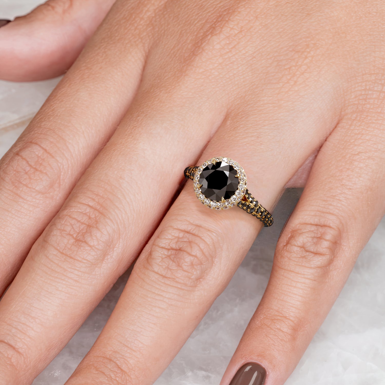 Double Halo Natural Black Diamond Round Engagement Ring