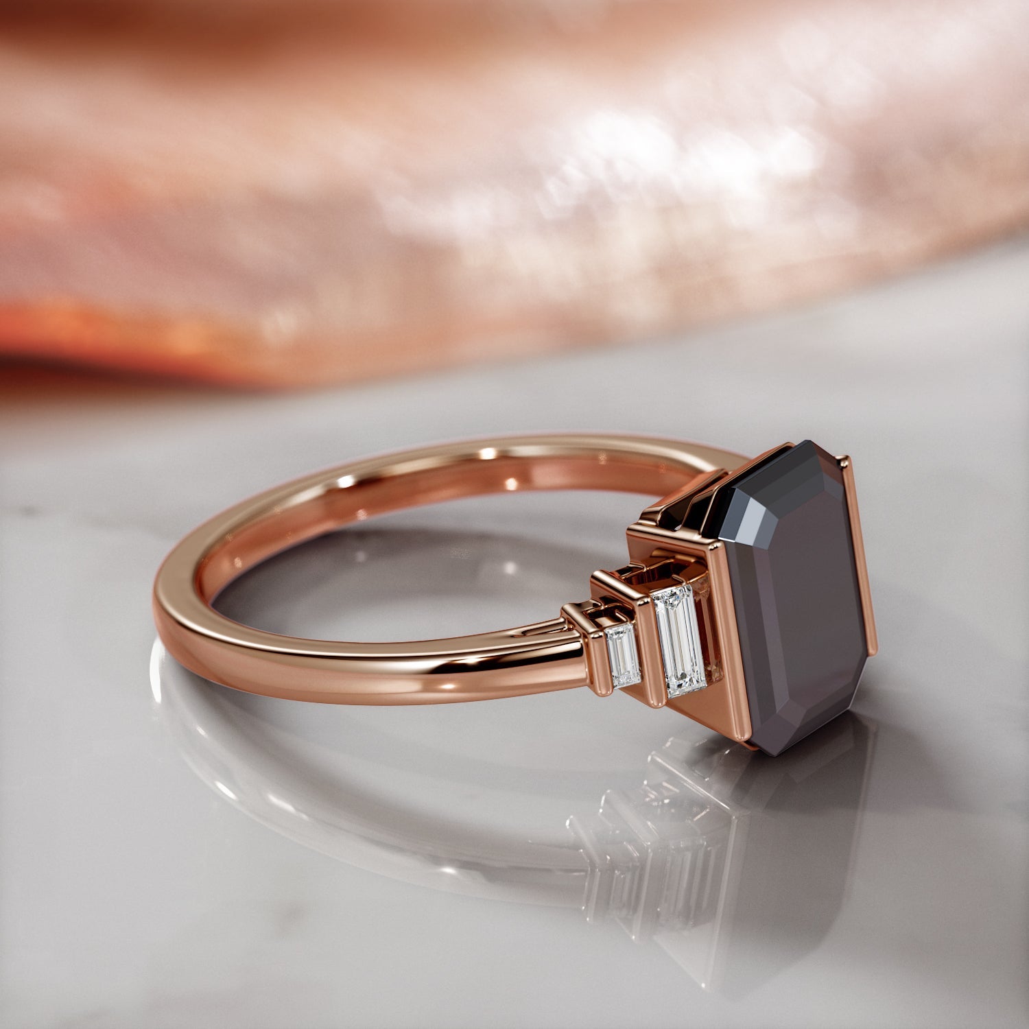 Art Deco Natural Black Diamond Emerald Engagement Ring in Rose Gold