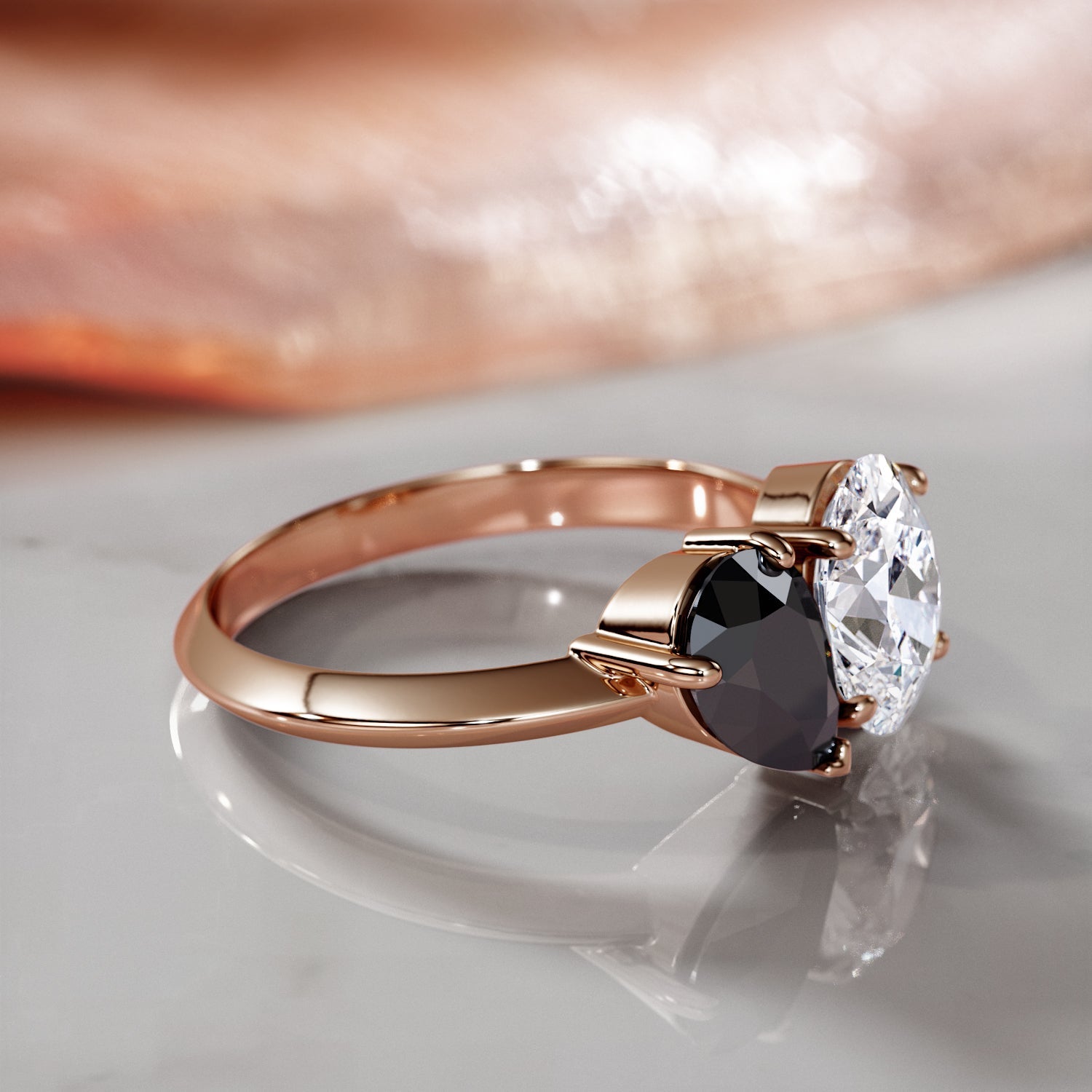 Two Stone  Natural Black Diamond Pear Engagement Ring  in Rose Gold