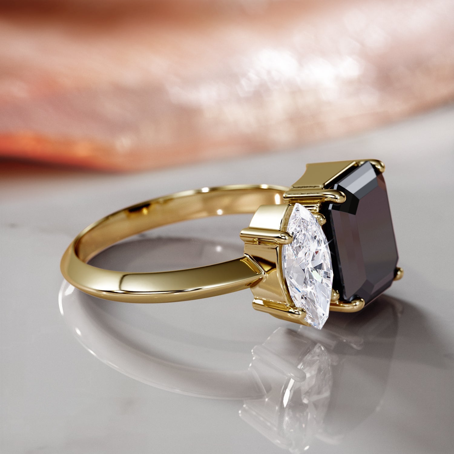 Two Stone  Natural Black Diamond Emerald Engagement Ring  in Yellow Gold