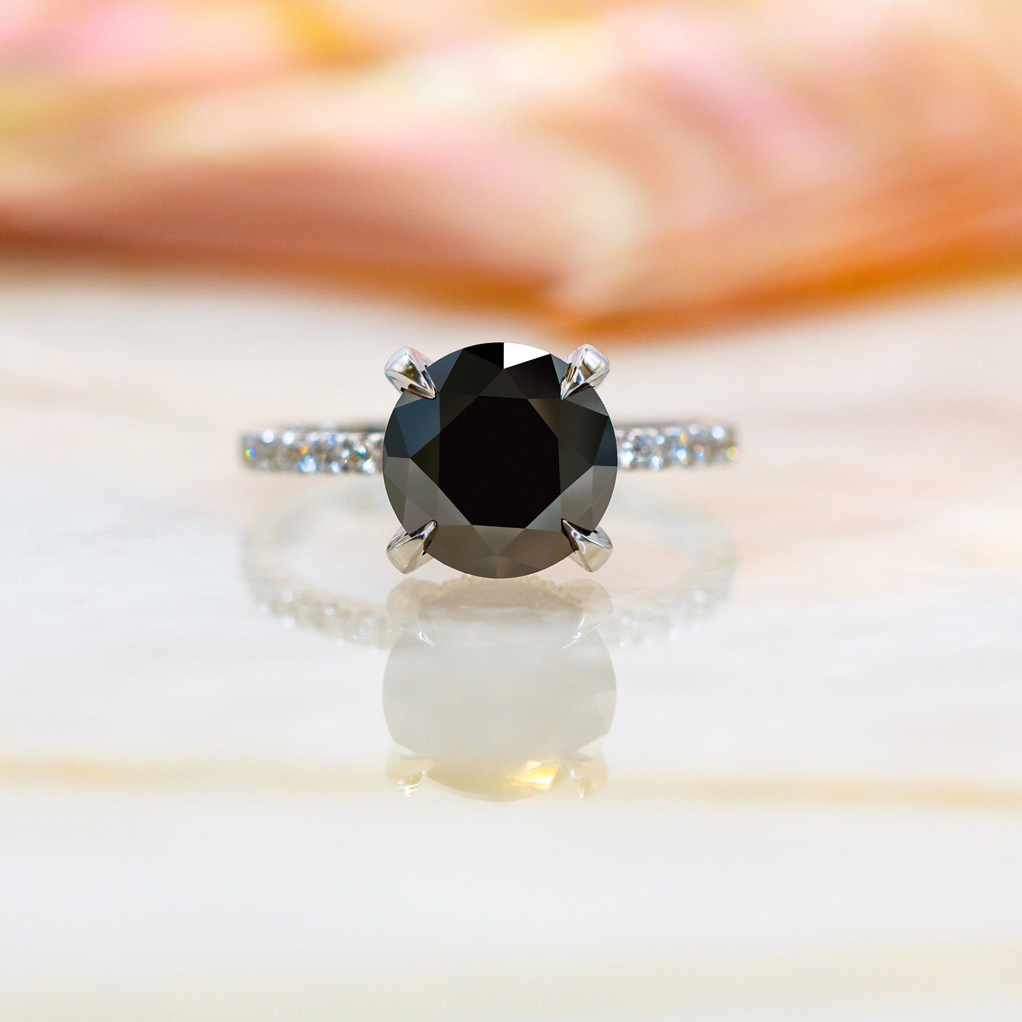 Black & White   Natural Black Diamond Round Engagement Ring  in White  Gold