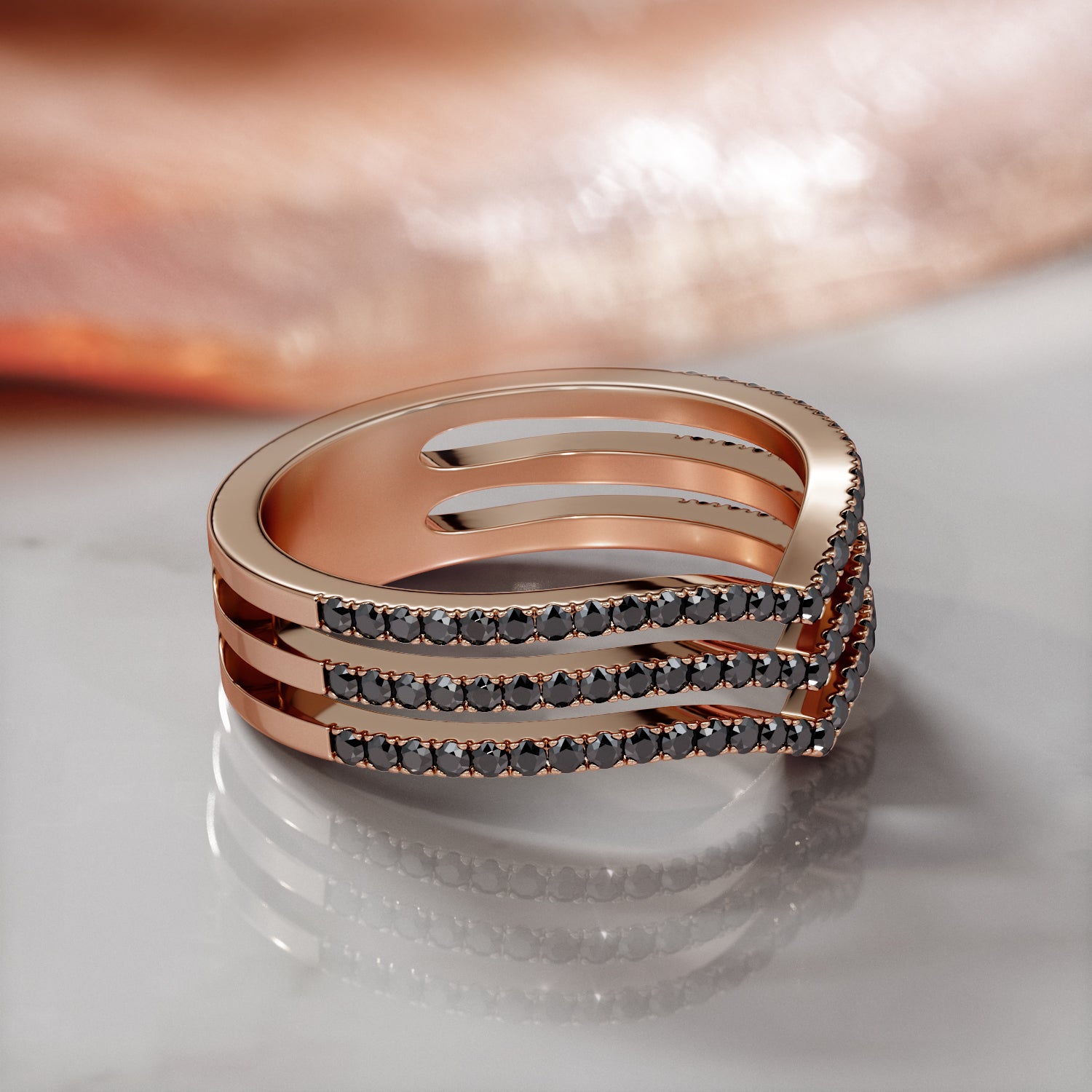Three-Stripe Natural Black Diamond Wedding RIng