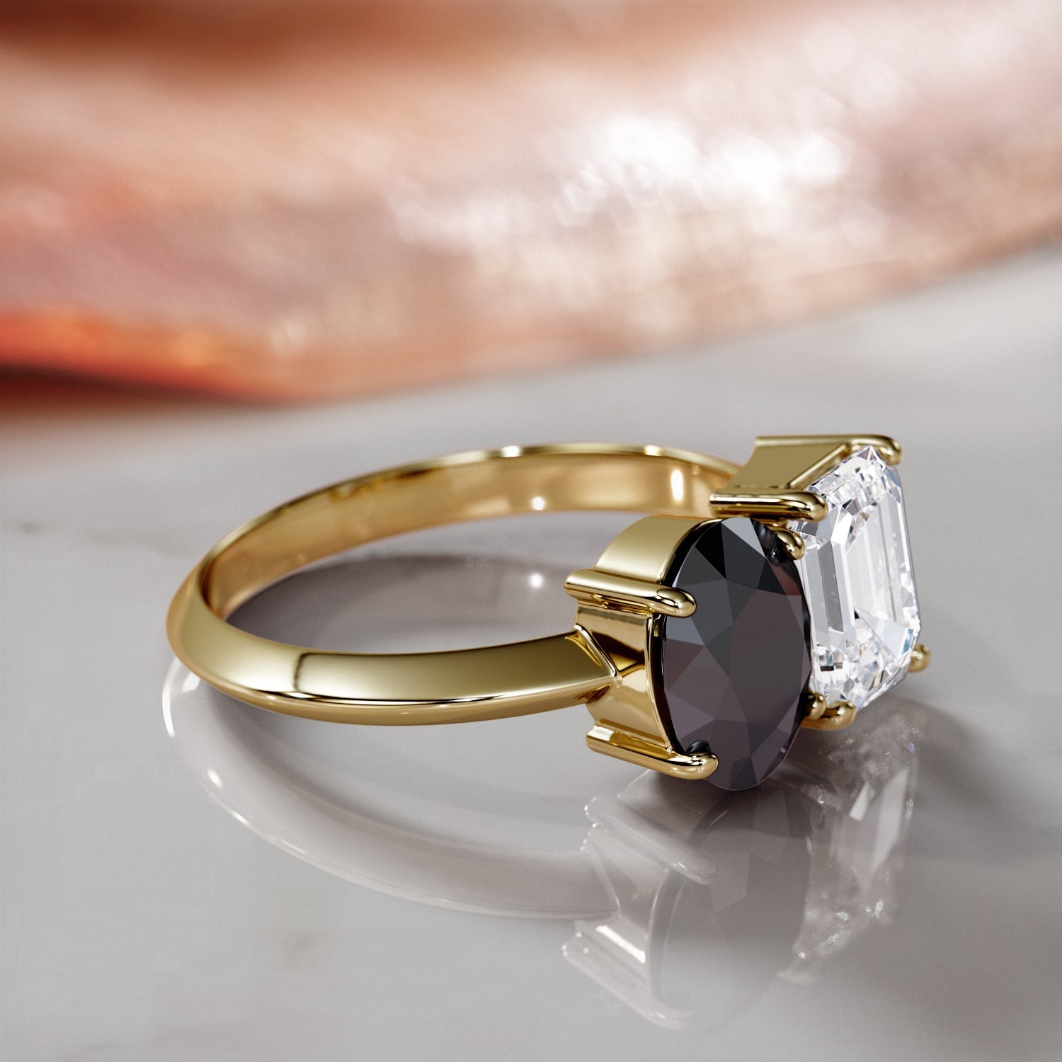 Two Stone Natural Black Diamond Oval Engagement Ring in Yellow Gold