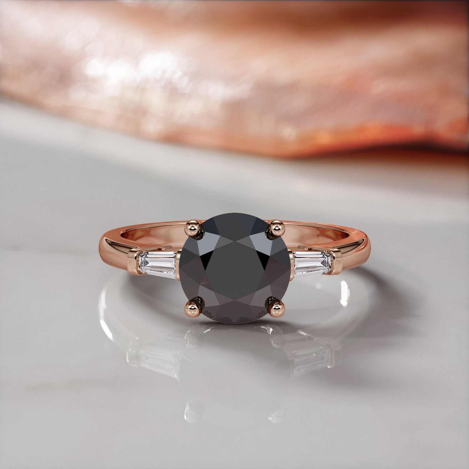 Art-Deco Natural Black Diamond Round Engagement Ring