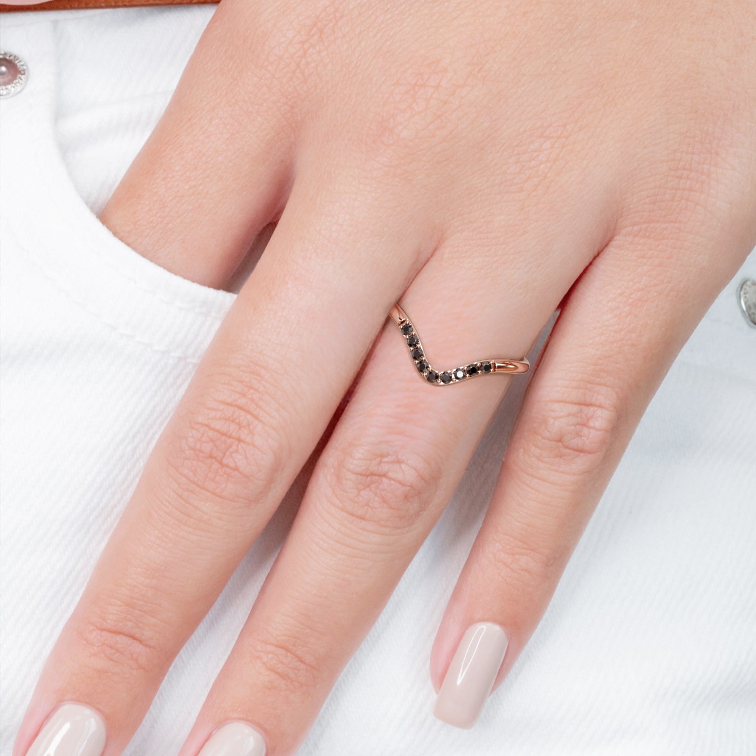 Curved Natural Black Diamond Wedding RIng