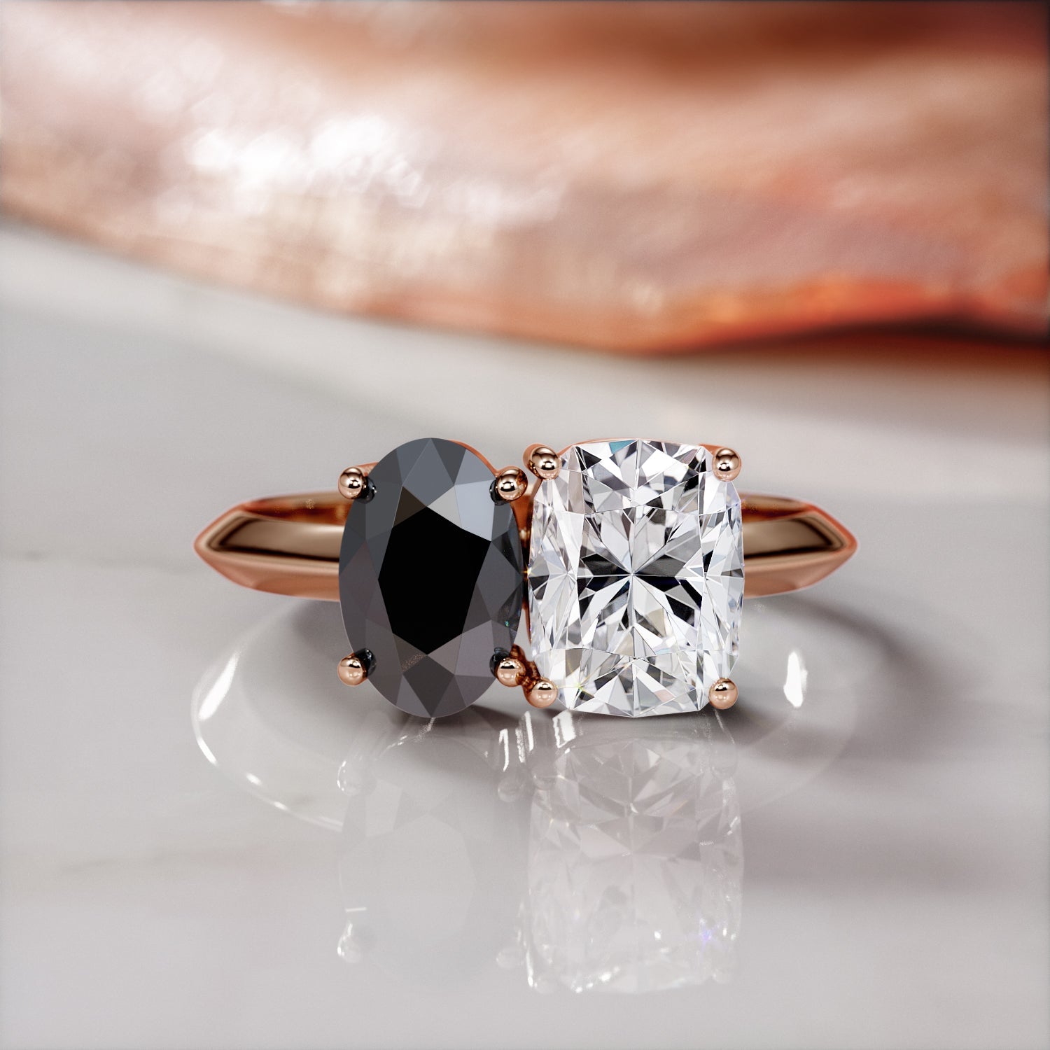 Two Stone  Natural Black Diamond Oval Engagement Ring  in Rose Gold
